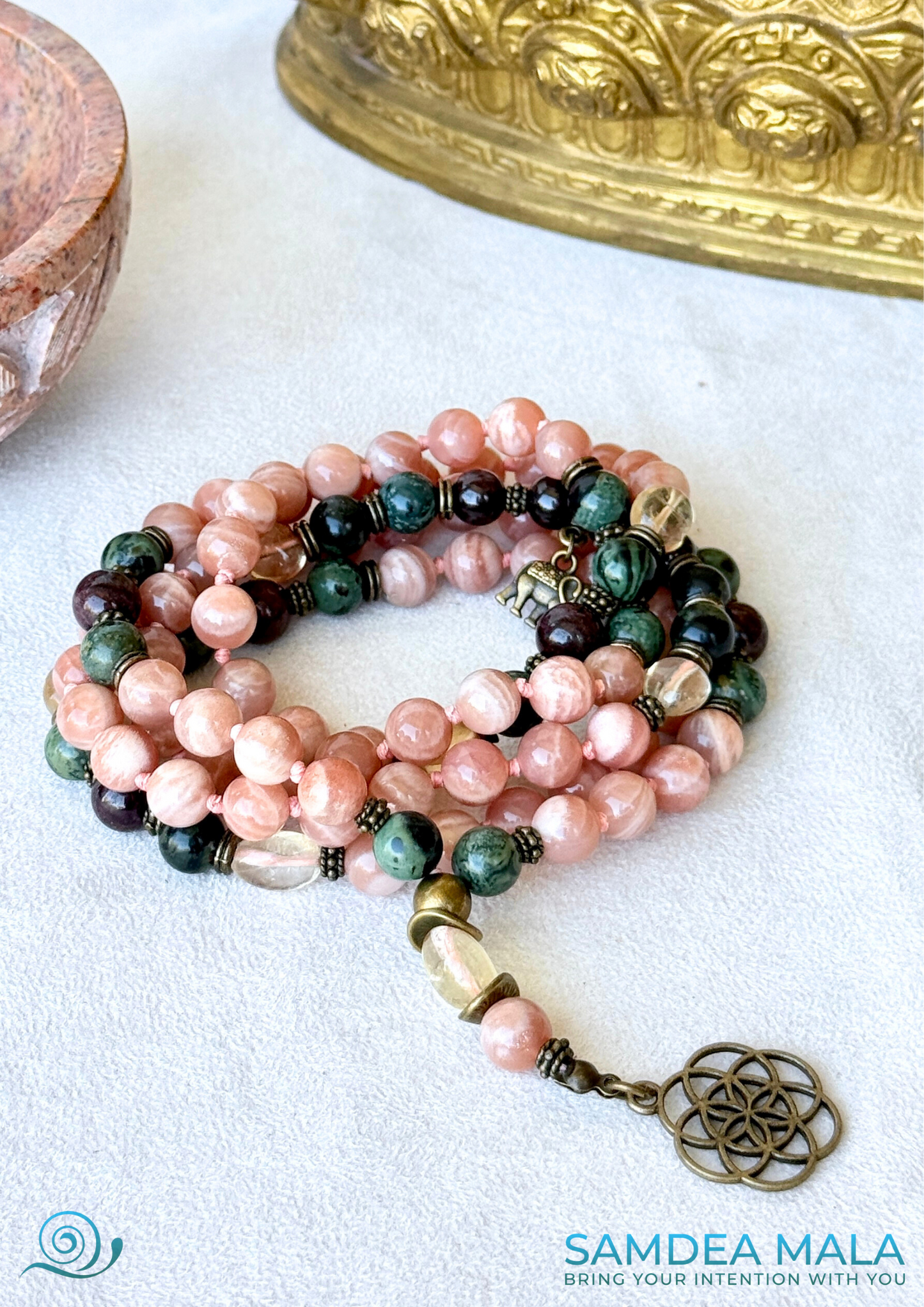 sun mala, 108 Mala prayer beads, custom mala, prayer beads, energy of the sun, sunstone, Full 108-bead mala for meditation and vitality with seed of life pendant.