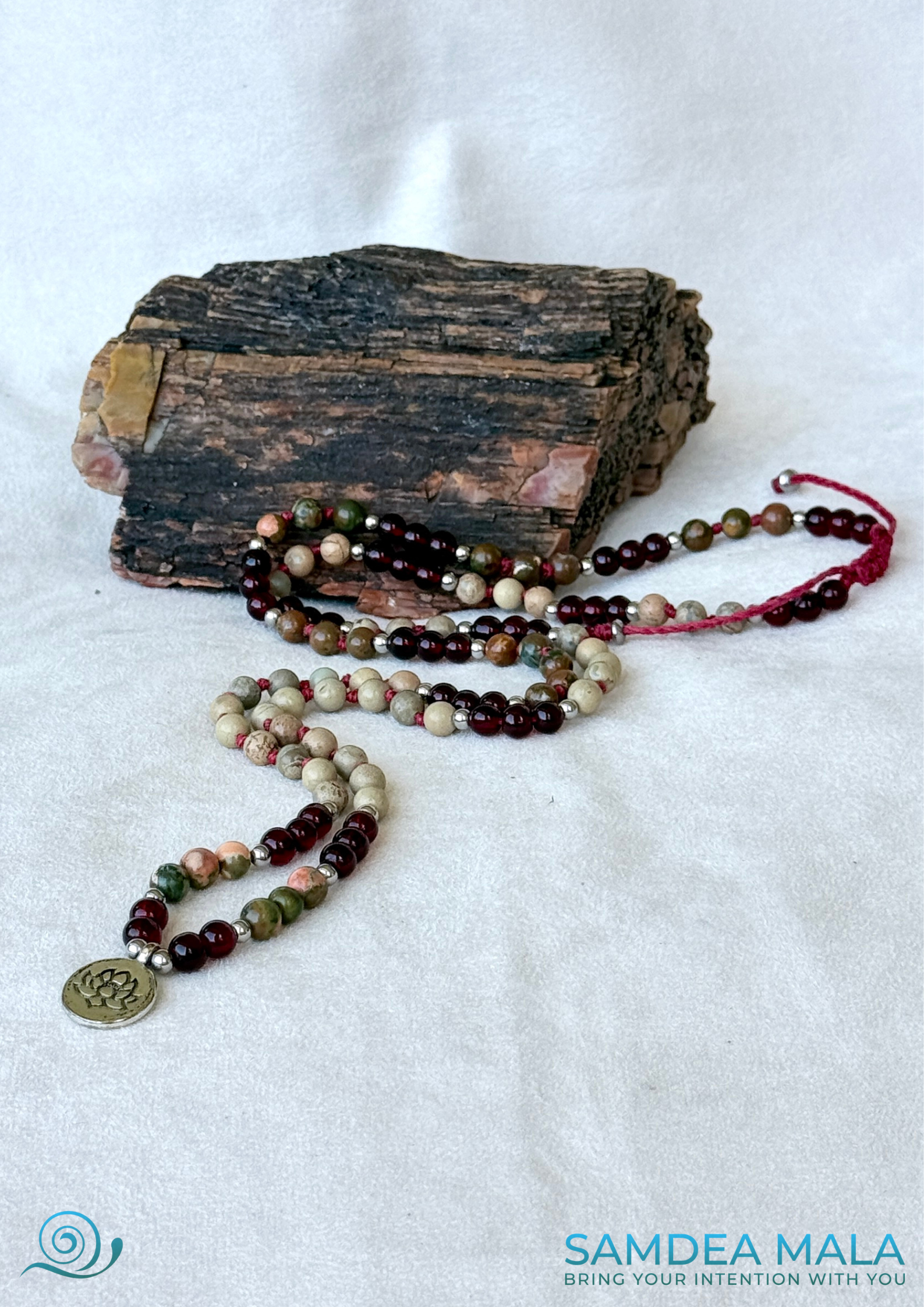 108 Mini Mala and Wrap Bracelet by Samdea Mala. Multi round bracelet spiritual mala beads in garnet and jasper with small lotus charm