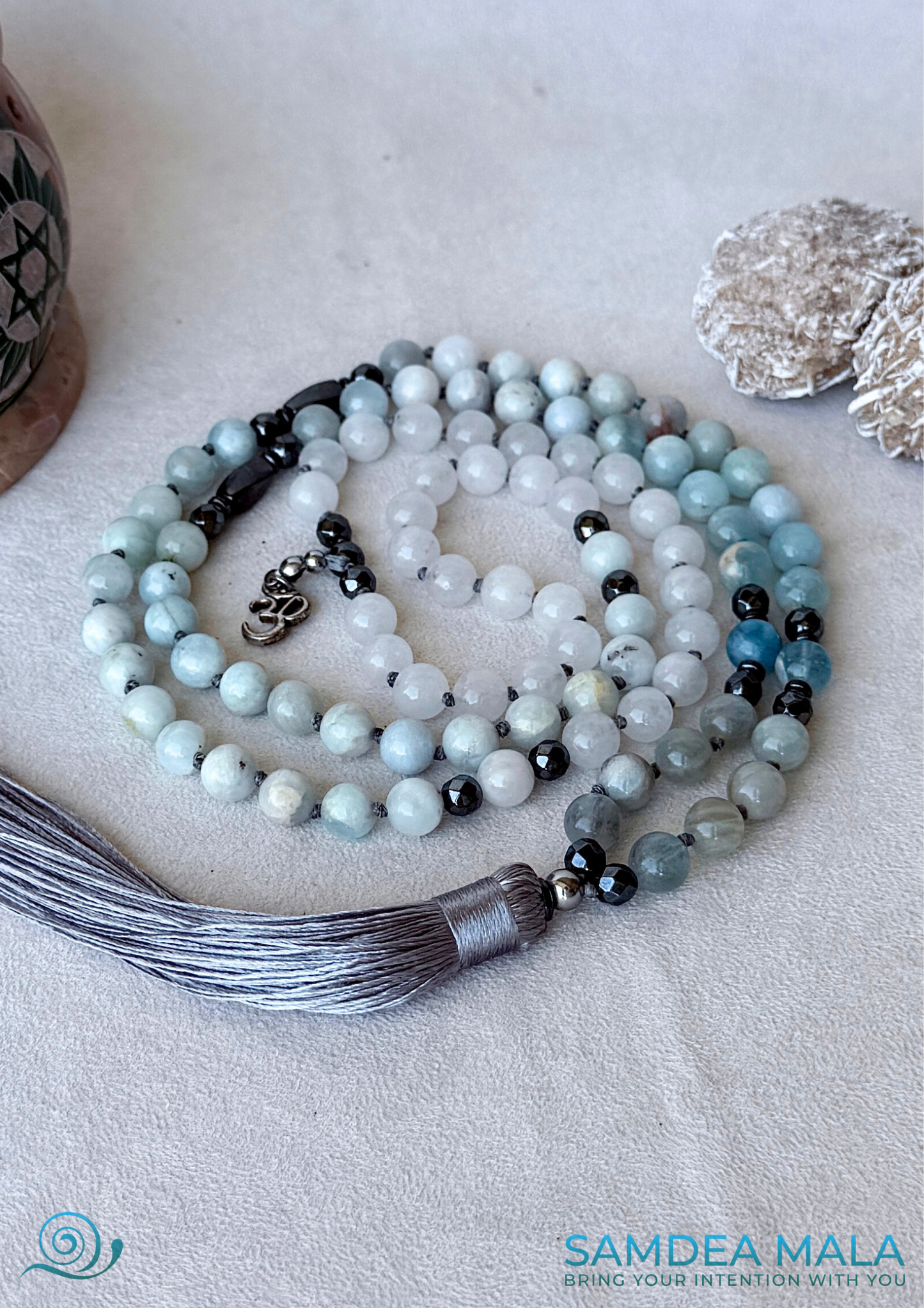 108 bead Aquamarine and White Jade mala necklace