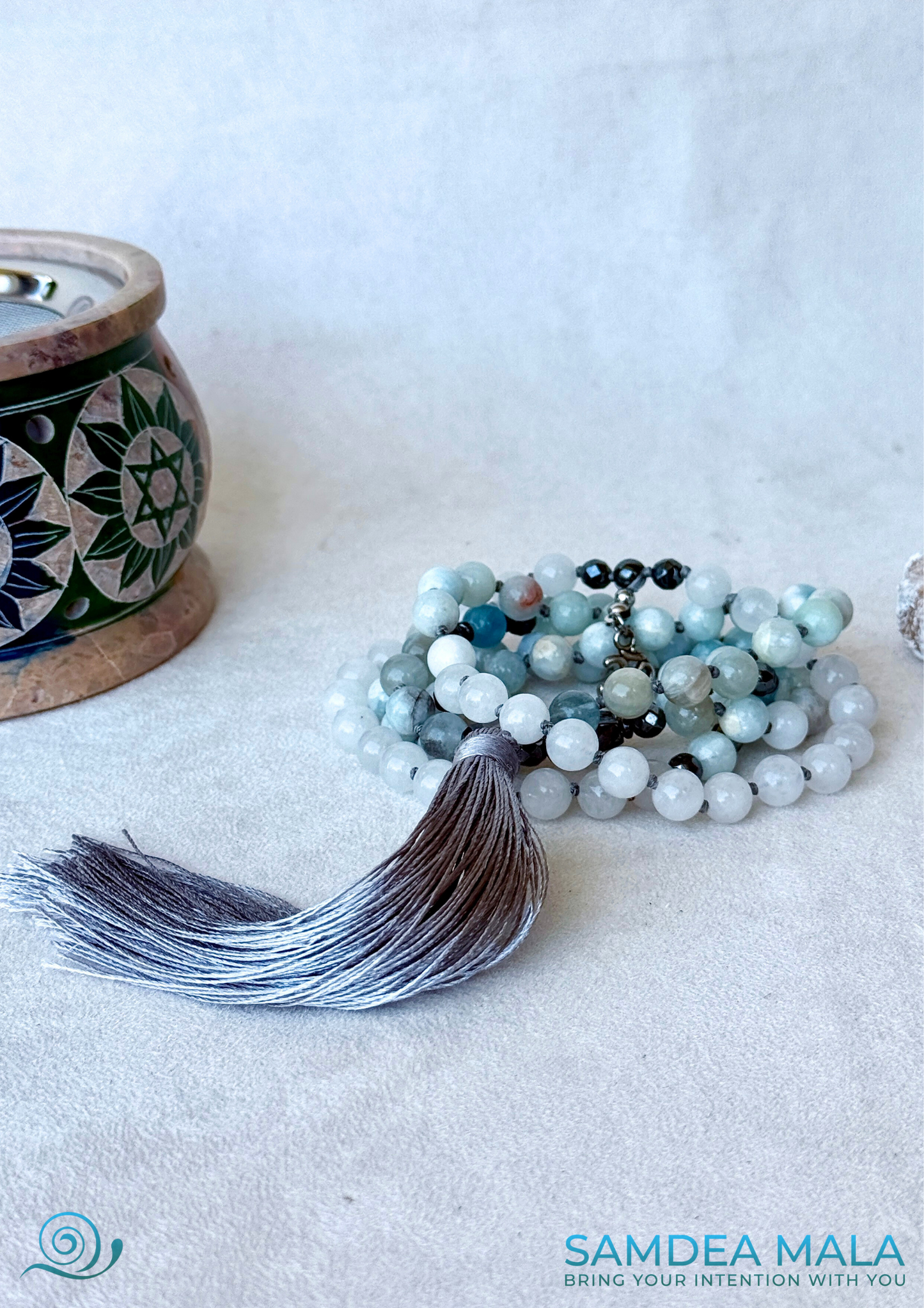108 bead Aquamarine and White Jade mala necklace showing stone details