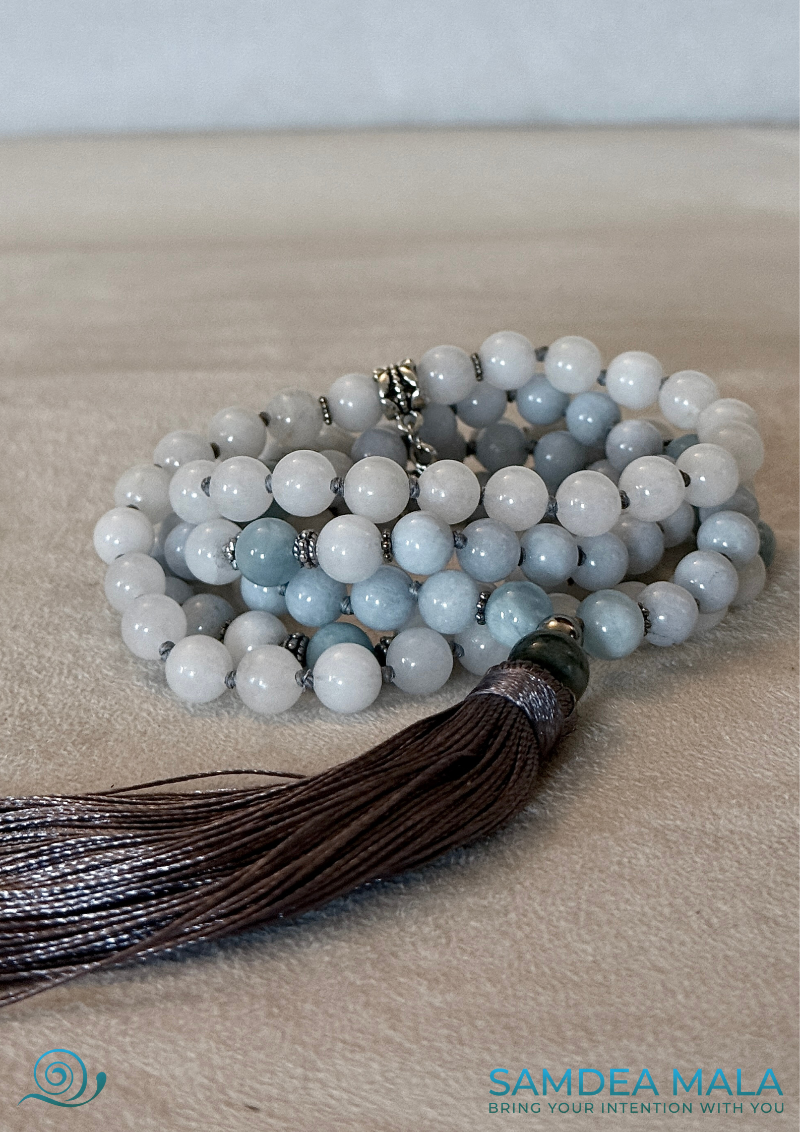 108 bead Aquamarine and White Jade mala necklace