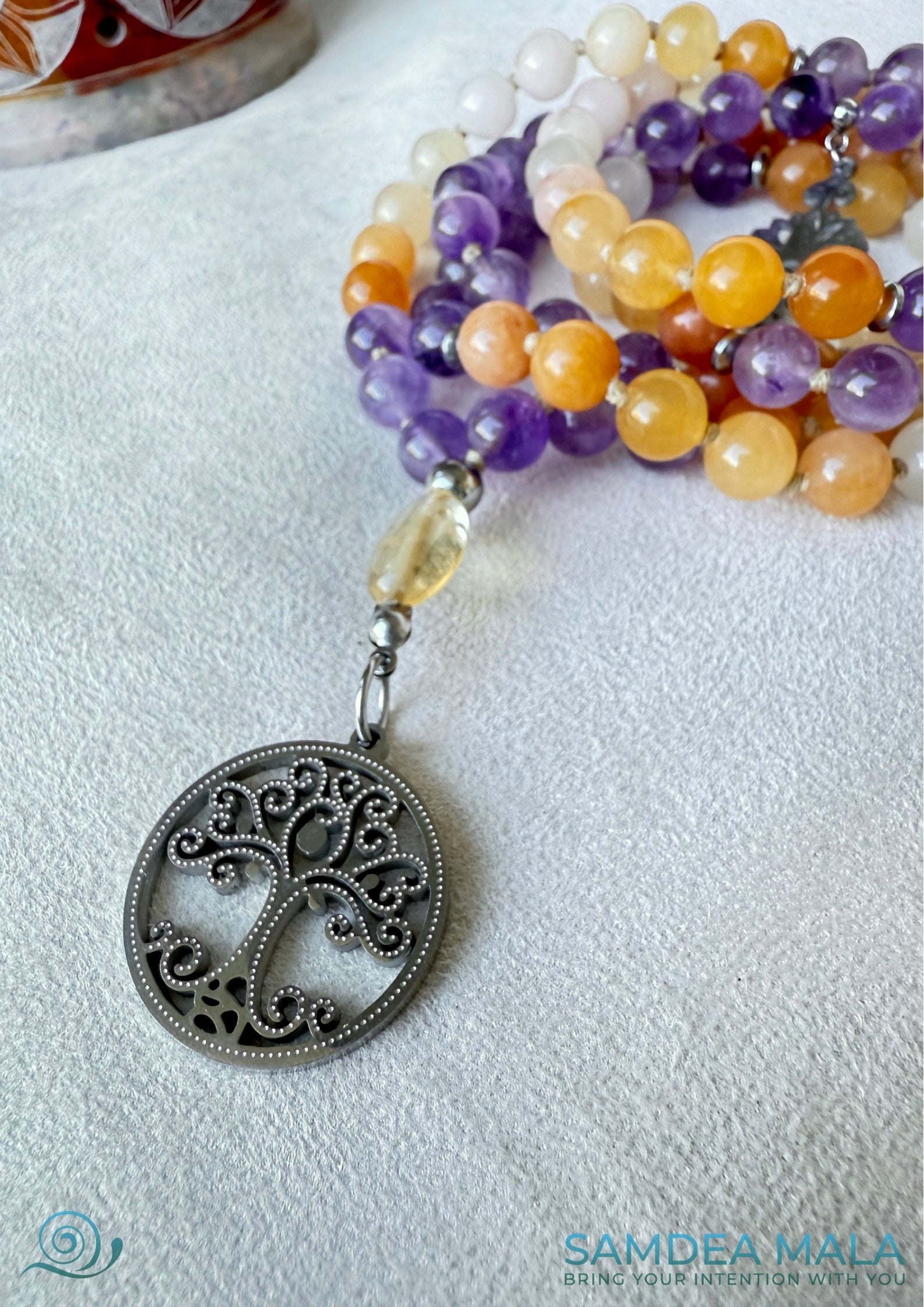 108 bead mala for meditation for Sagittarius —natural gemstones, joyful yellow jade and soothing amethyst tree of life pendant