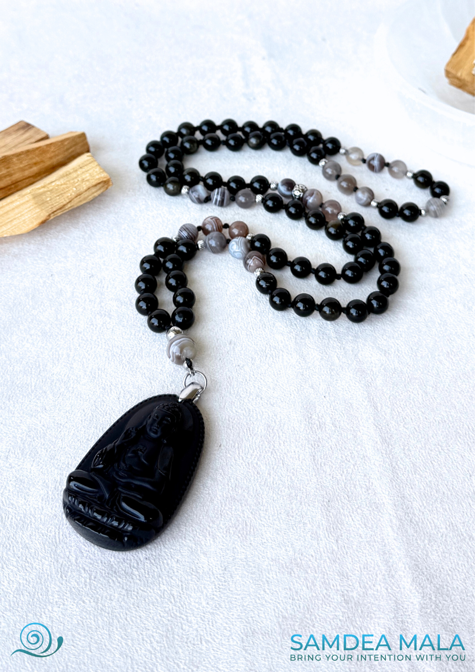 108 bead meditation mala in Obsidian and Botswana Agate with symbolic Buddha pendant
