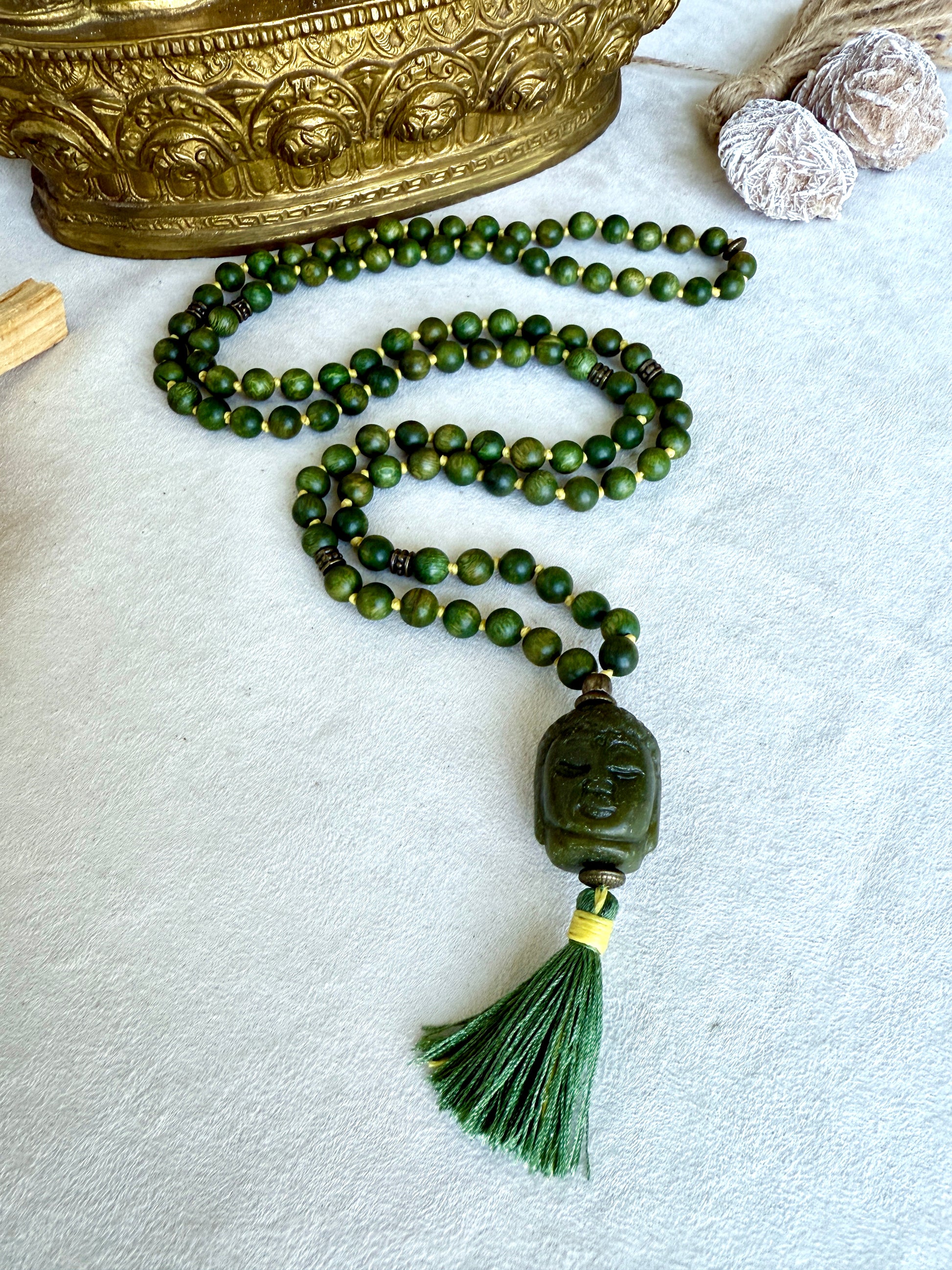 108 bead sandalwood meditation mala with large jade Buddha meru pendant