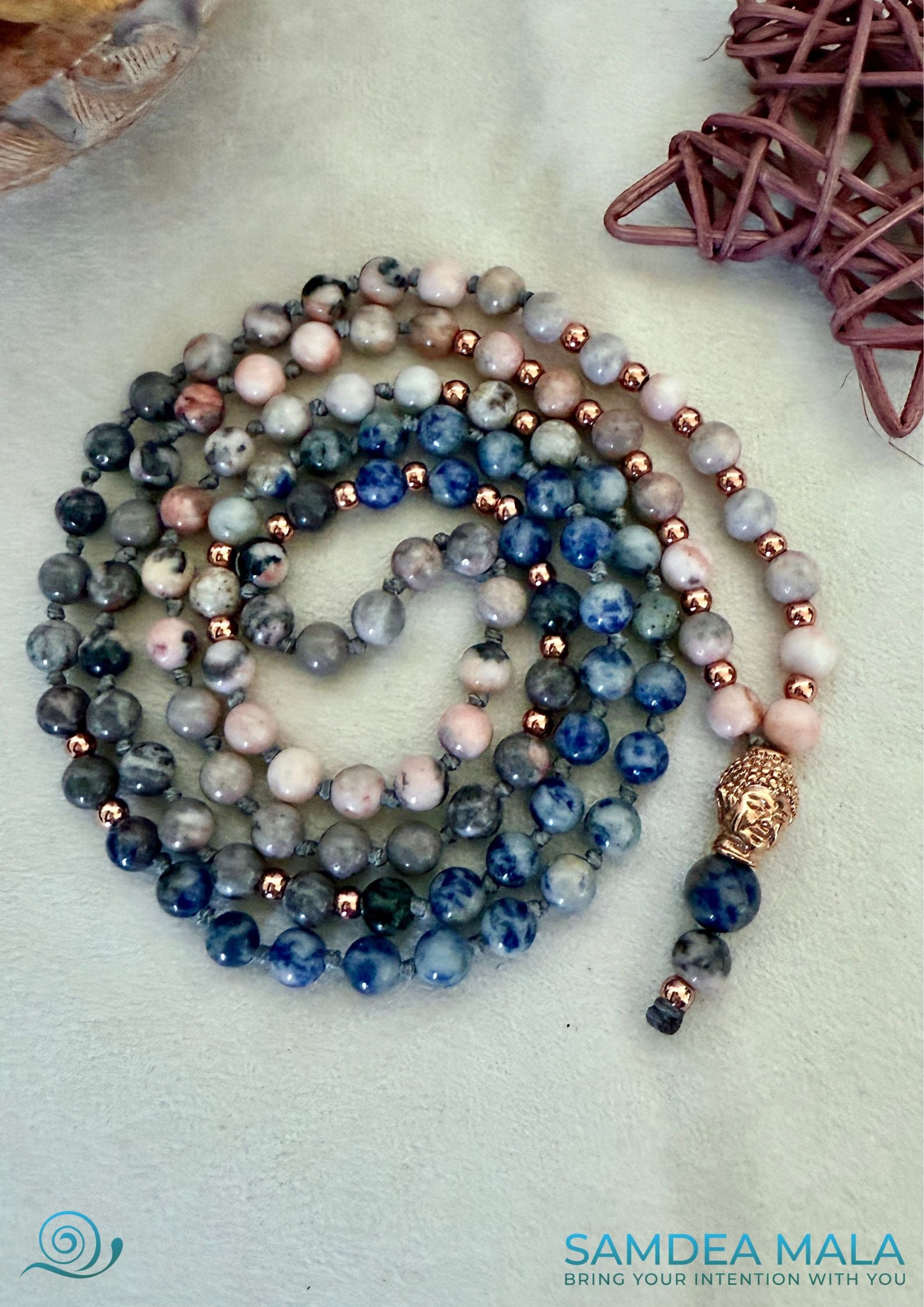 108 natural Zebra Jasper and Blue Spot Jasper (6 mm) with Buddha