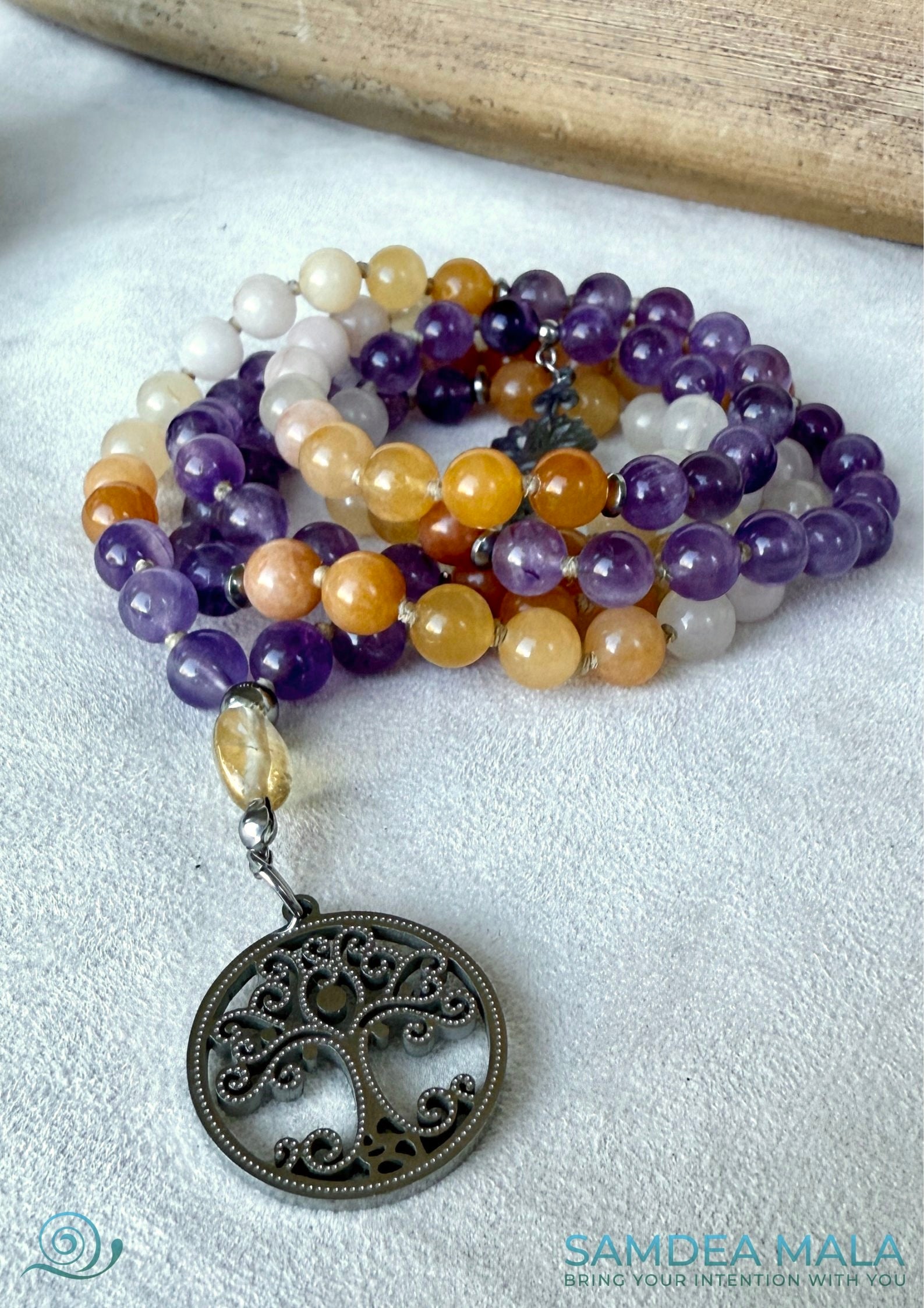 Samdea Mala—topaz-colored jade, amethyst, and citrine meru, hand-knotted 108 prayer beads for meditation. Mala for Sagittarius