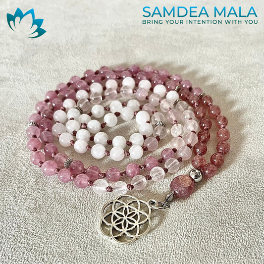Mini mala in rose quartz and selenite