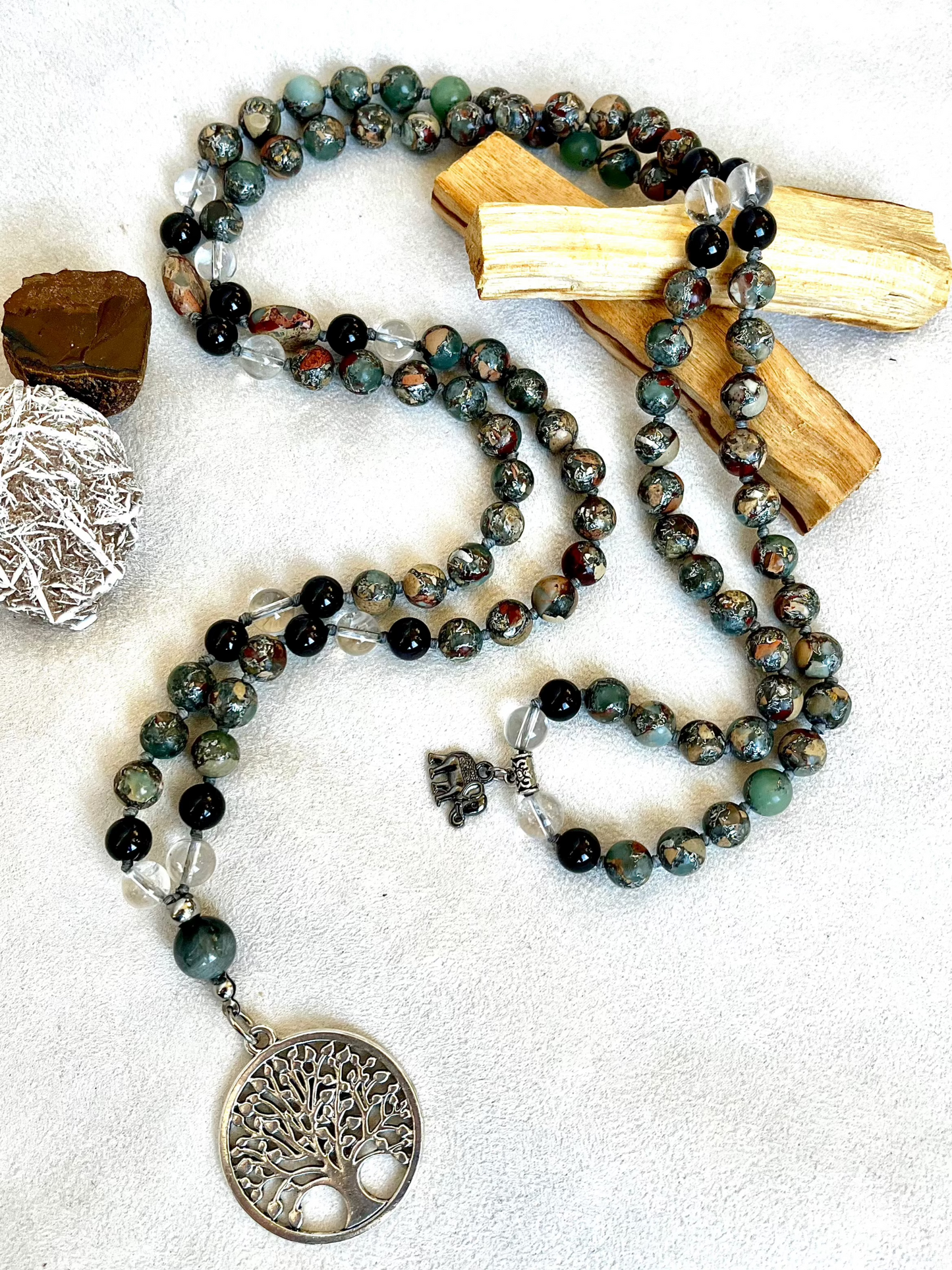 mala meditation, handmade mala, chakra mala beads, mala for grounding, 4 elements, spiritual growth mala, balance mala, energy mala, yoga mala necklace, daily wear mala, made in California