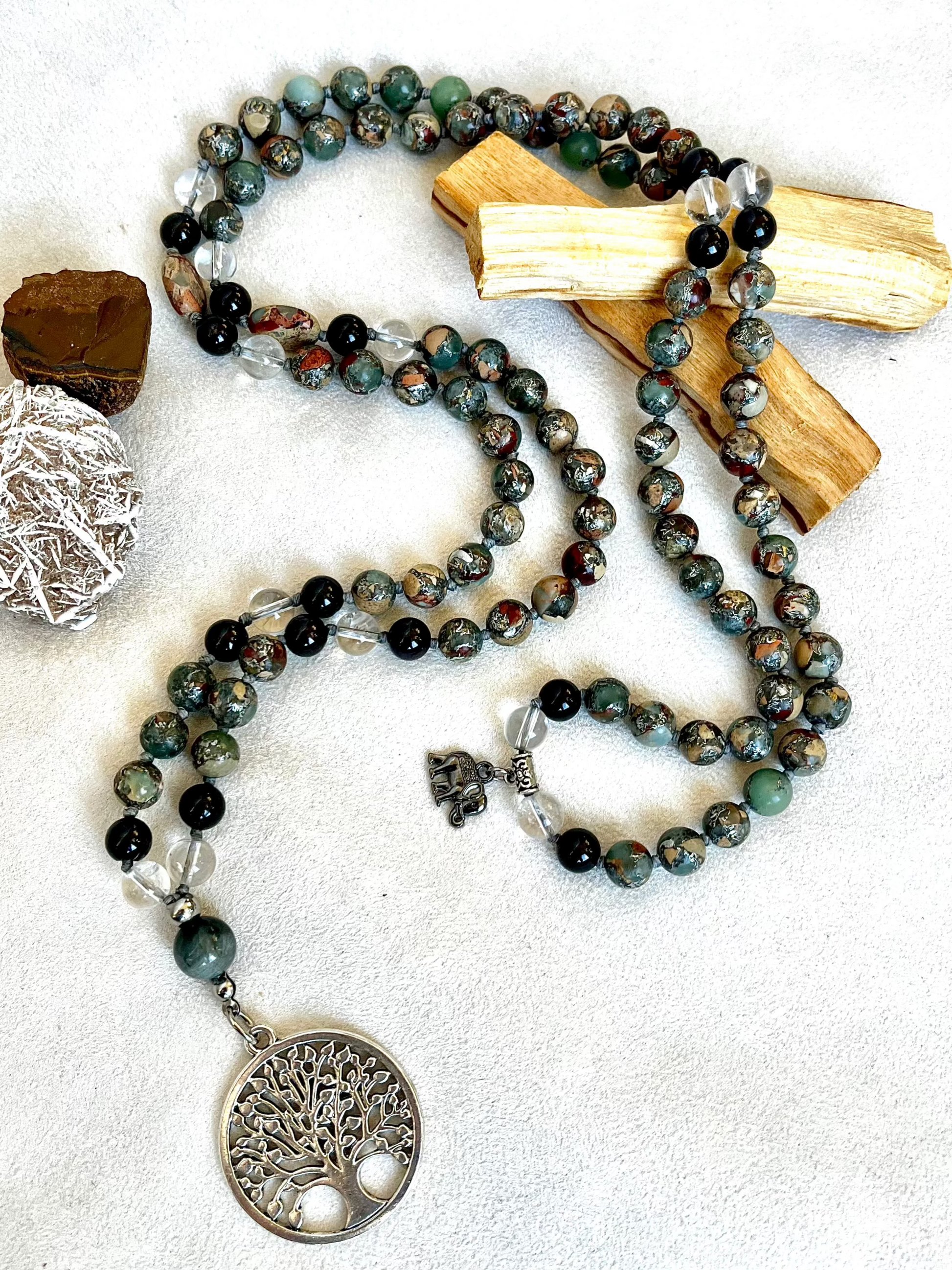 mala meditation, handmade mala, chakra mala beads, mala for grounding, 4 elements, spiritual growth mala, balance mala, energy mala, yoga mala necklace, daily wear mala, made in California