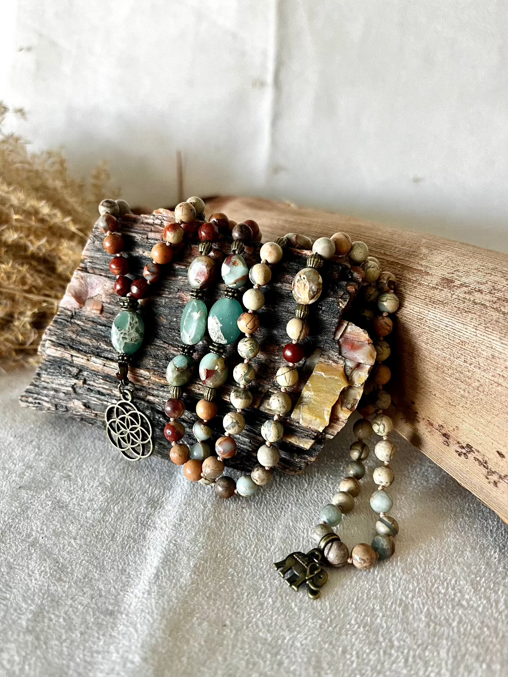 Natural stone mala necklace in aqua terra jasper, for serenity and meditation, small seed of life pendant and elephant small charm
