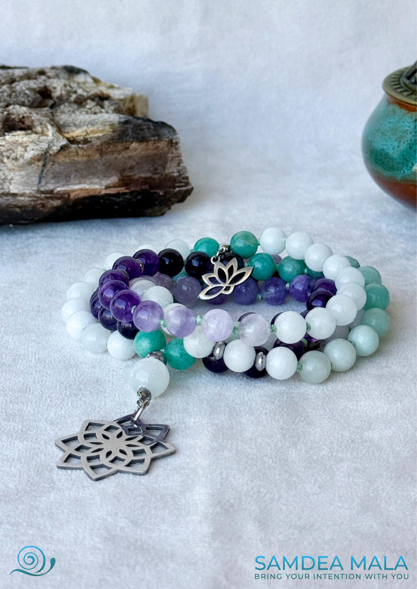 Amethyst and lavender jade mala beads strung on grey thread – spiritual beads hand knotted for intuition and emotional balance Samdea Mala. Mala for Pisces Zodiac Sign