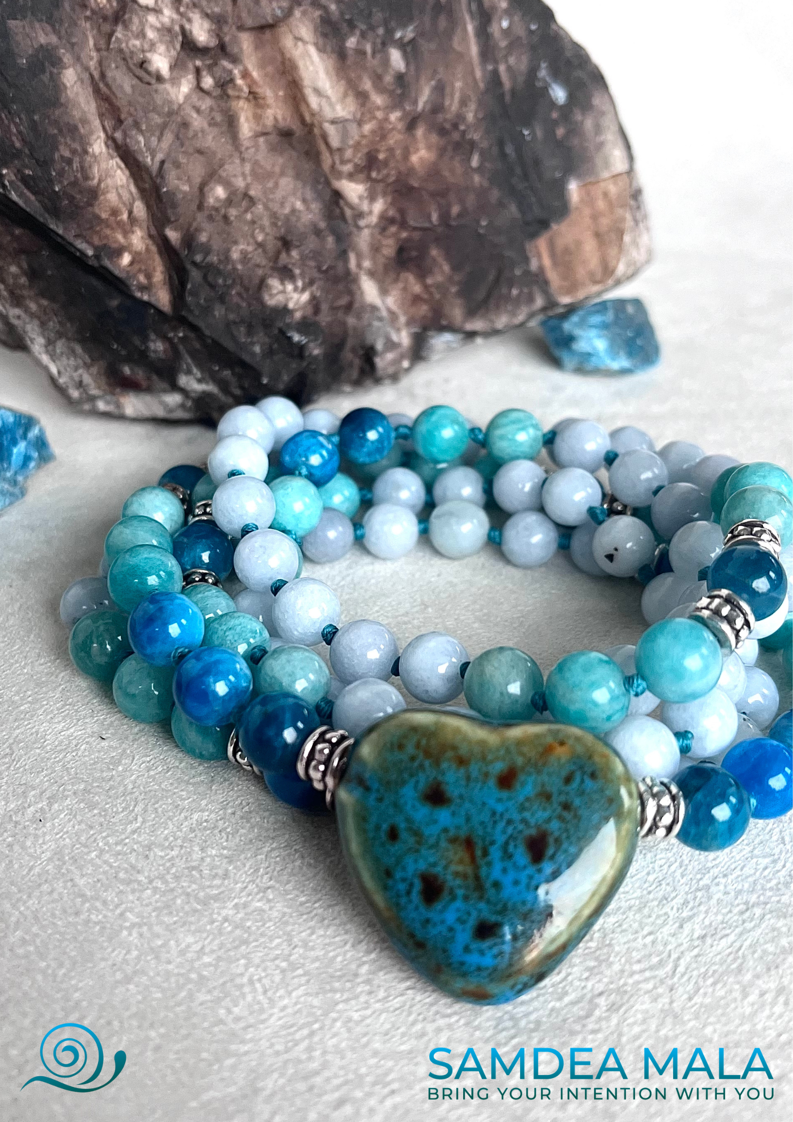 Samdea Mala – Apatite, Amazonite, and Aquamarine Mala for meditation with ceramic heart pendant