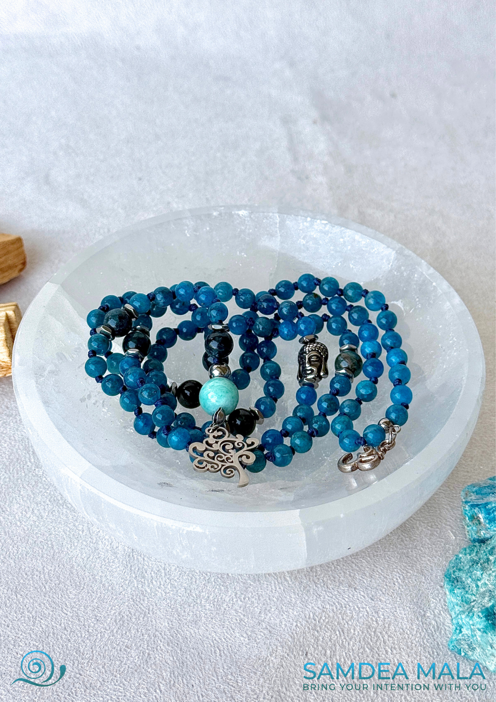 Handmade mala in genuine A-grade Apatite on a selenite bowl for clarity, motivation, and personal growth with tree of lige and Buddha charm