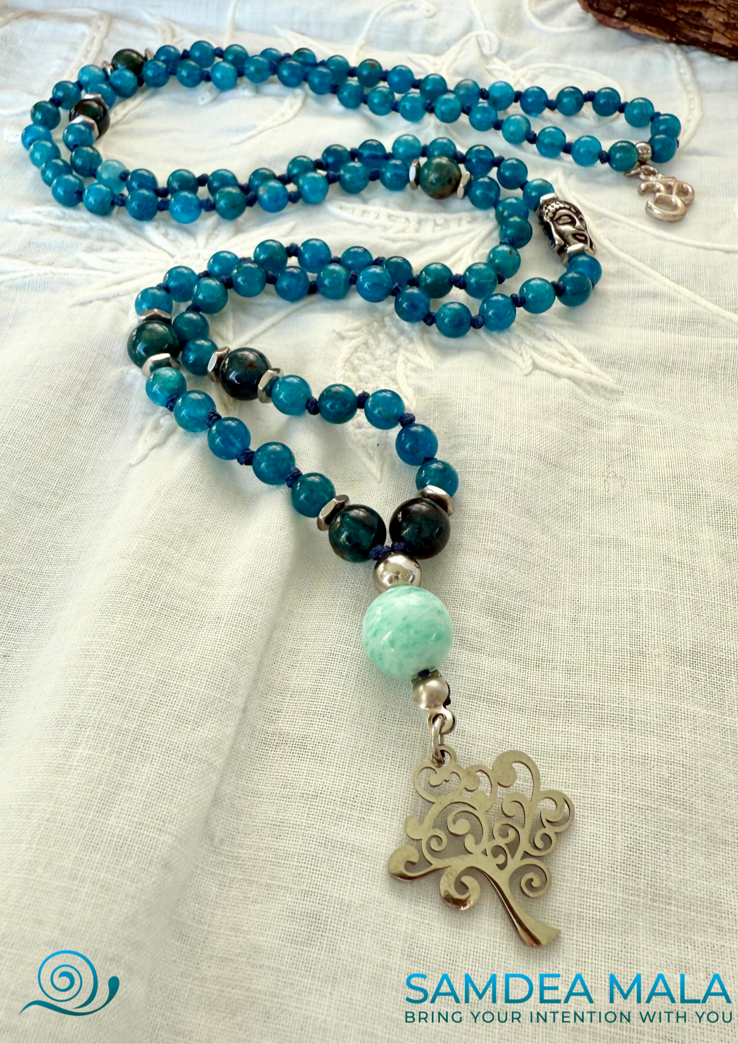 Apatite Mala Beads Necklace Handmade – Meditation Jewelry for Clarity and Focus - meditation bracelet, intention bracelets, custom mala, tibetan wrist mala, energy crystals bracelets, spiritual mala, bracelets with crystals, custom mala bracelet, natural gemstones bracelets - Samdea Mala