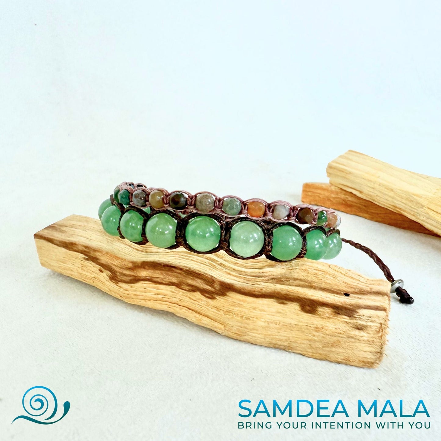 Aventurine bracelet, traditionally linked to renewal. Tibetan green bracelet with brown cord, spiritual jewelry for intention setting.