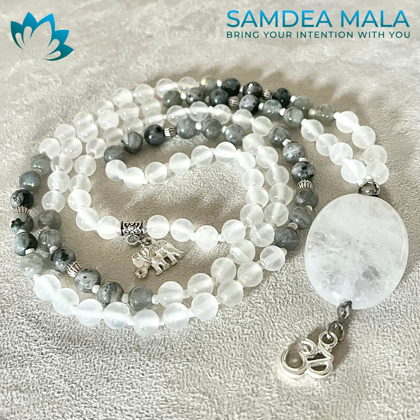 Mini mala in selenite, labradorite and clear quartz