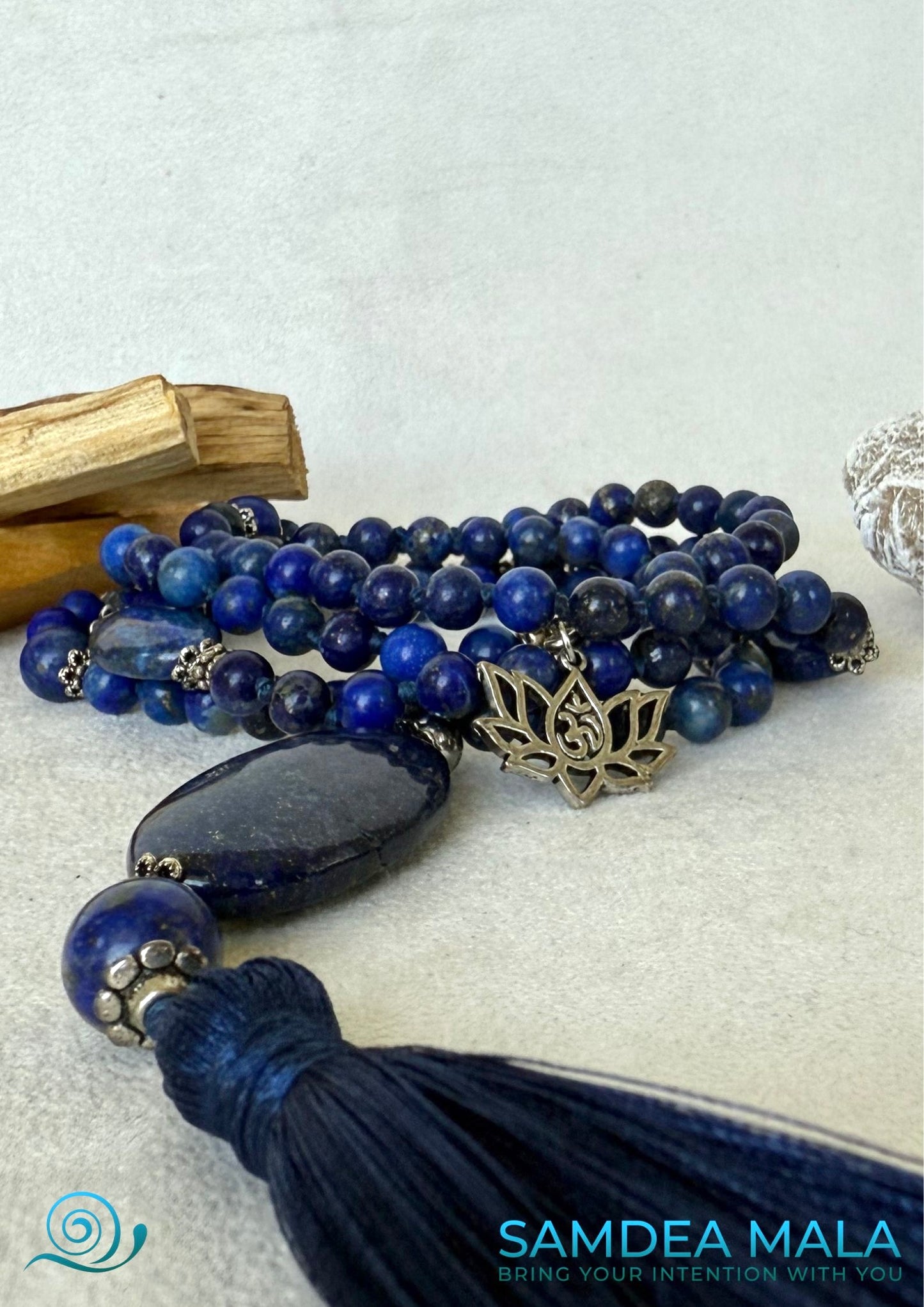 Blu Mala in Lapis Lazuli, 108 prayer beads, custom mala with small lotus charm, Mala for meditation, Mala necklace,  Custom mala beads, Custom mala