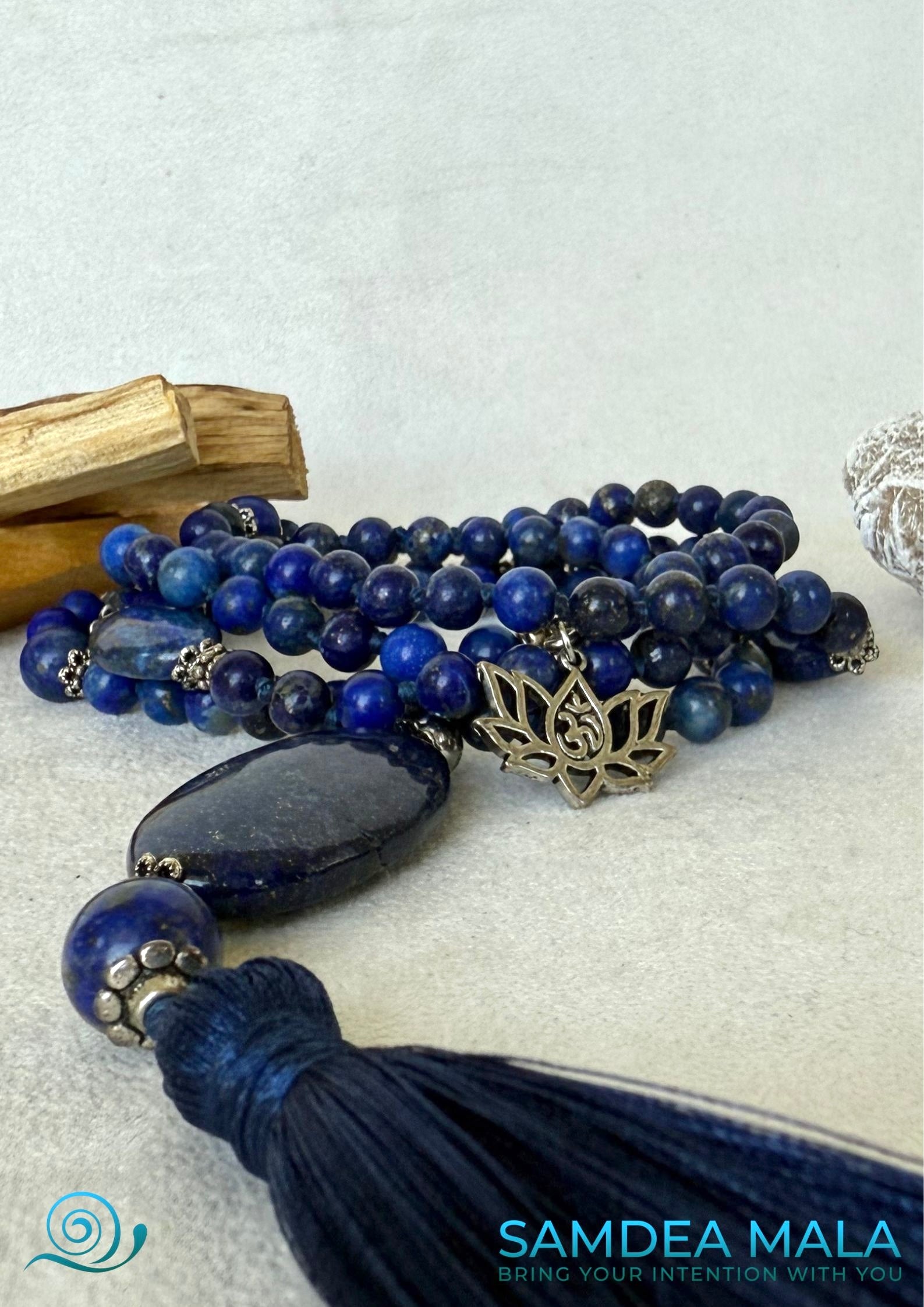 Blu Mala in Lapis Lazuli, 108 prayer beads, custom mala with small lotus charm, Mala for meditation, Mala necklace,  Custom mala beads, Custom mala