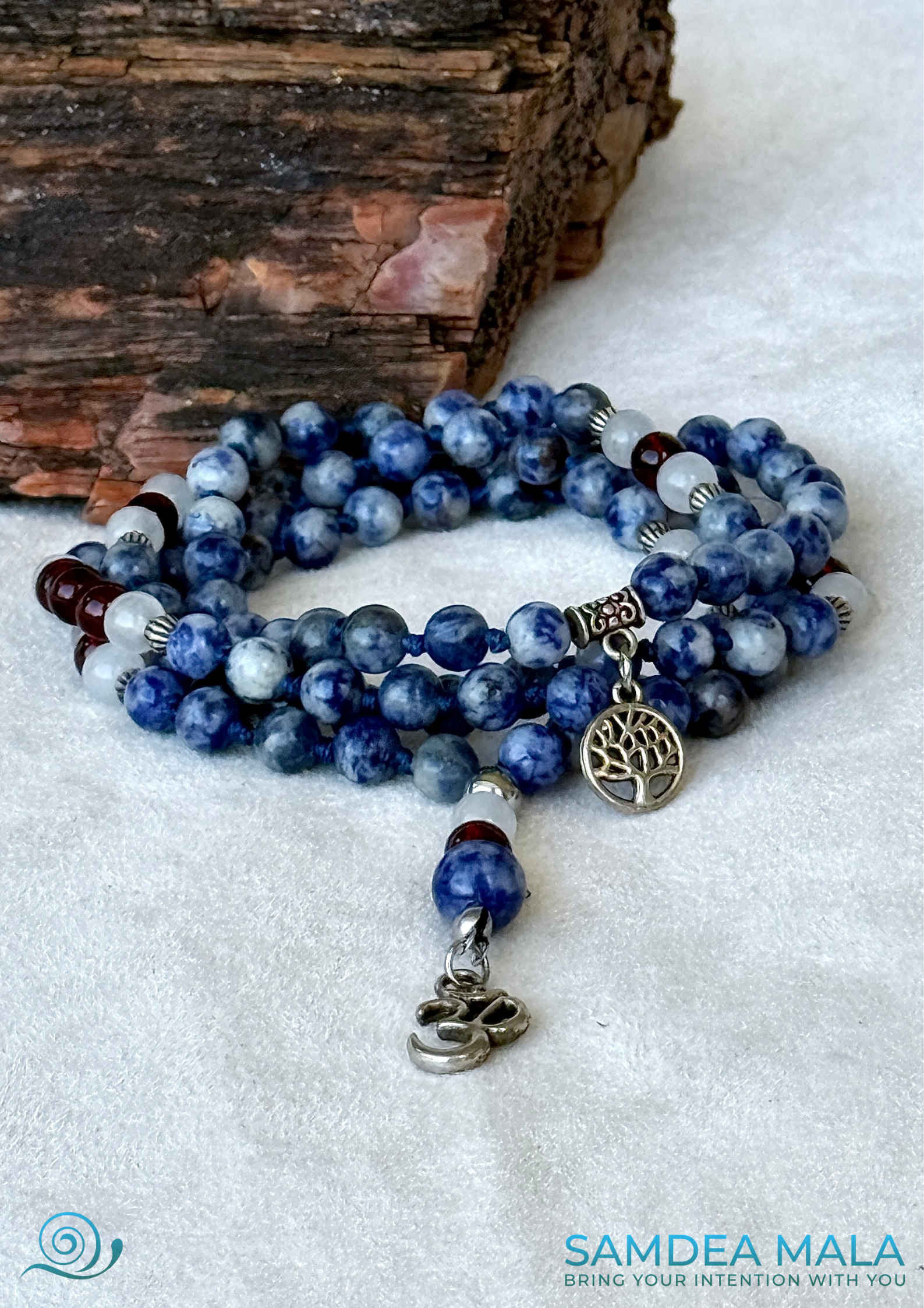 Blue Mala for meditation and midfulness in Jasper, White Jade & Garnet – Handmade Meditation Necklace with om pendant and tree of life charm