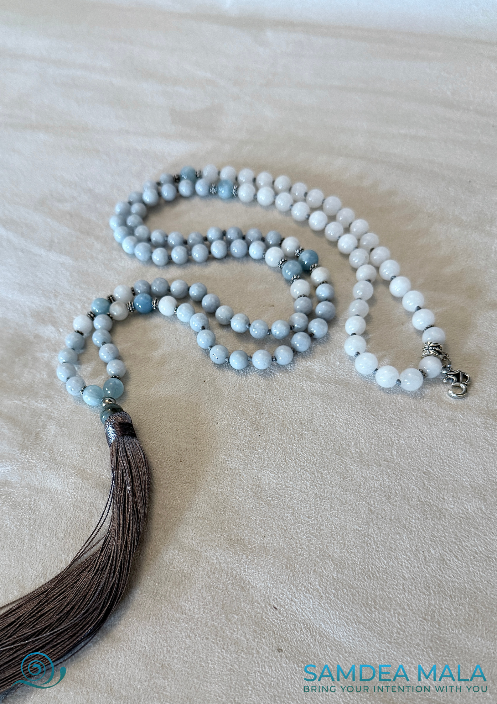 Meditation mala with tassel,  Hand-knotted mala in Aquamarine and White Jade mala for meditation, yoga, and spiritual practice