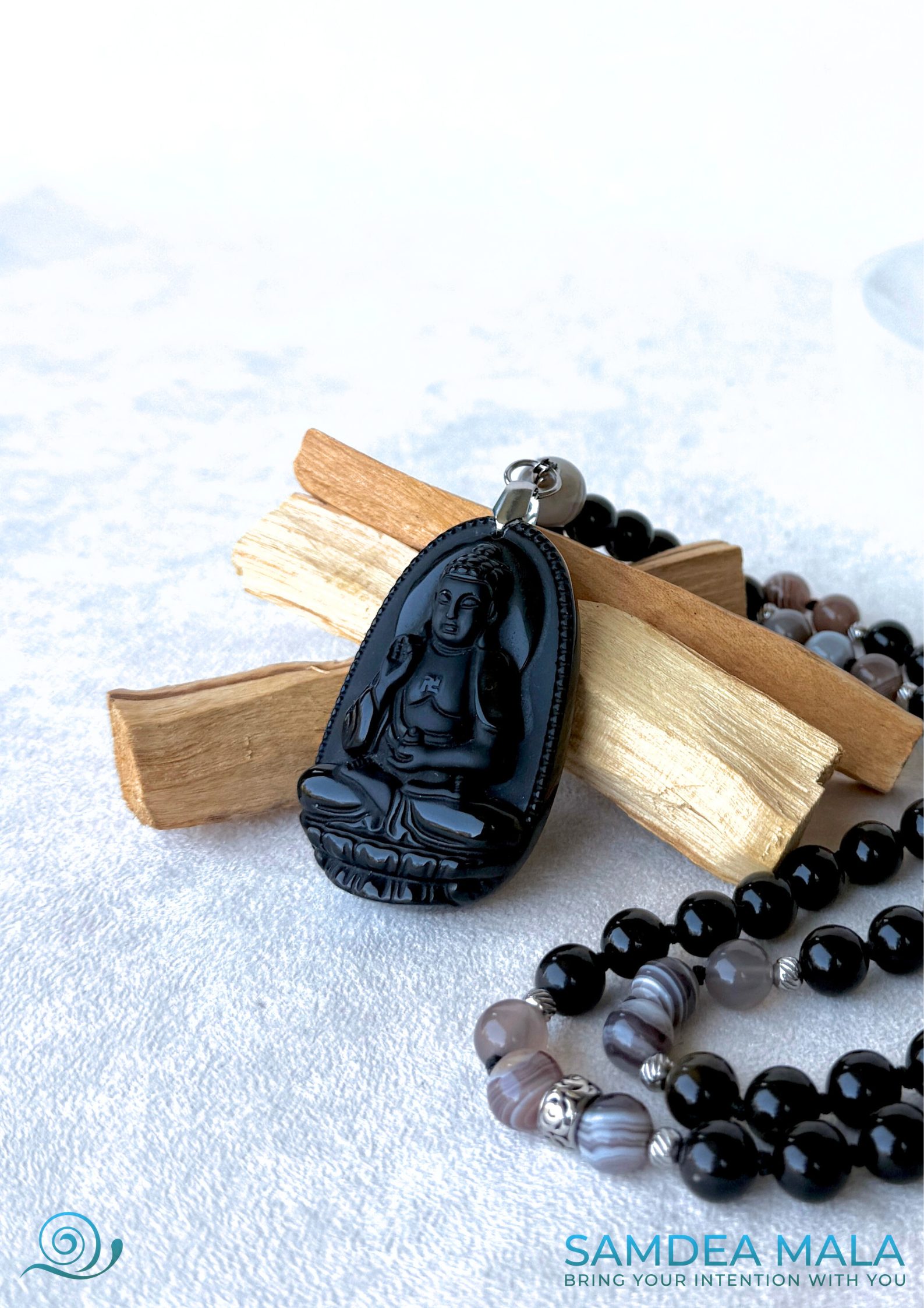 Hand-knotted Obsidian and Botswana Agate mala with Buddha pendant for meditation and protection by Samdea Mala