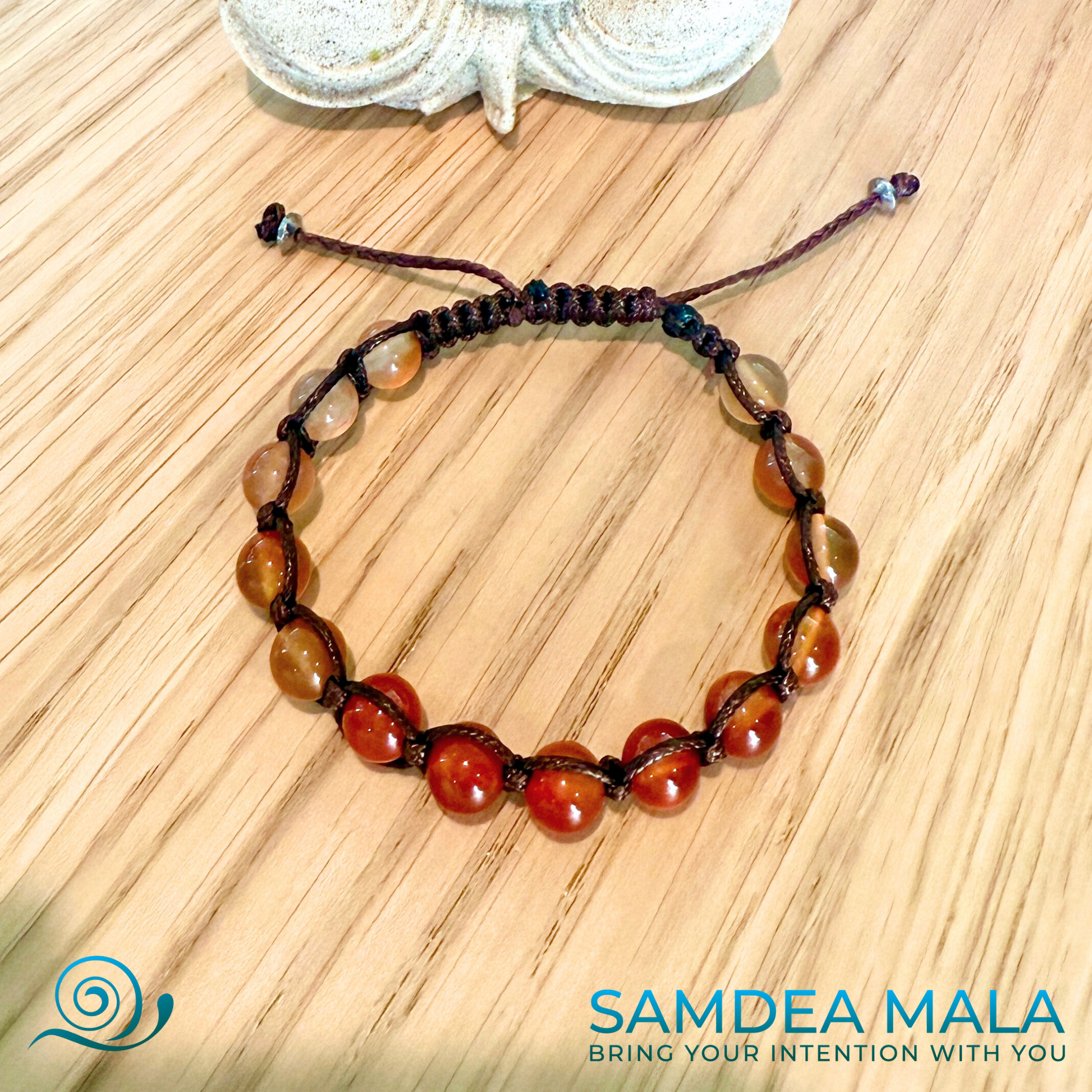 Carnelian bracelet with Tamashii-style knots, handmade in US by Samdea Mala