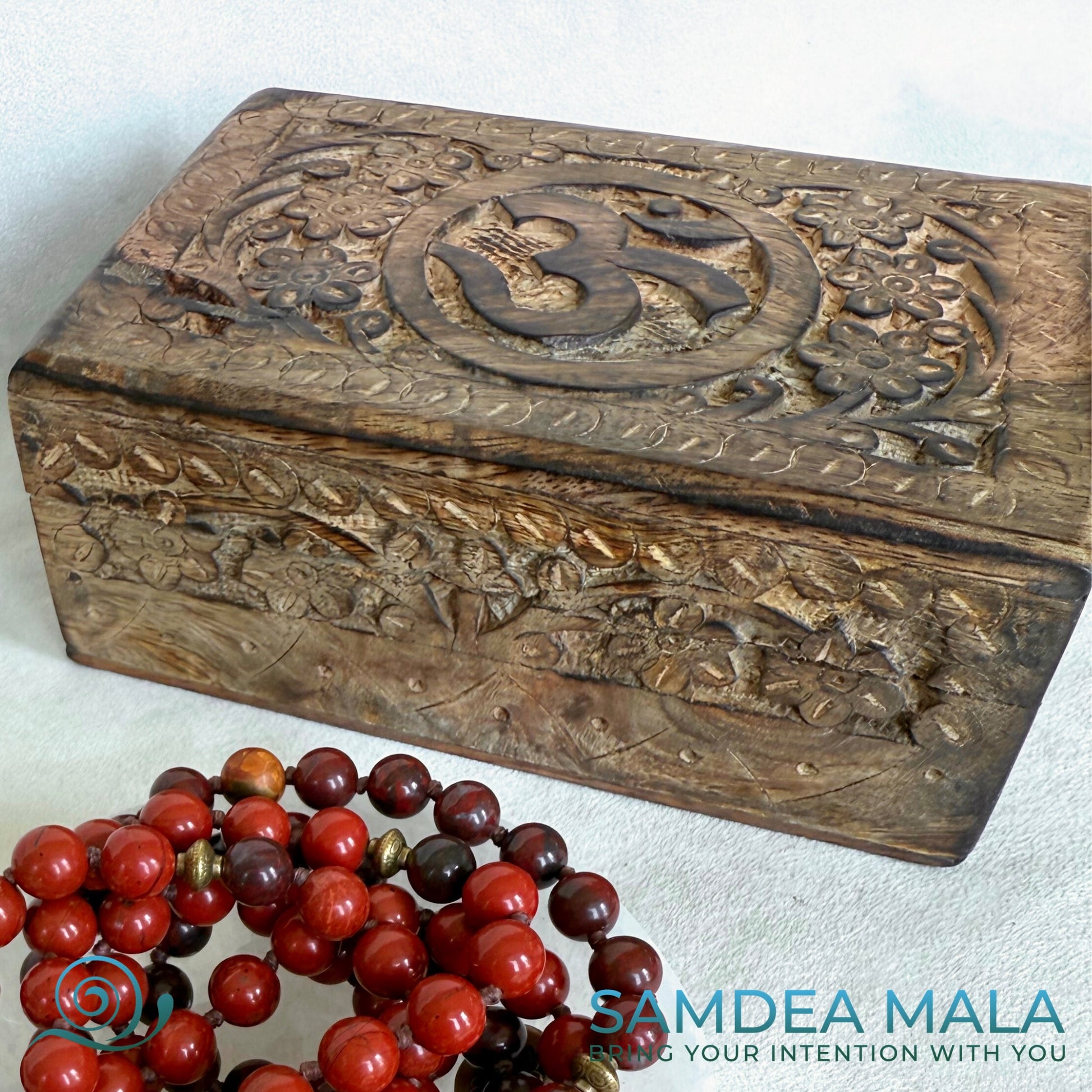 Carved Wooden Mala Box – Jewelry and Keepsake Storage for Sacred Objects - OM design