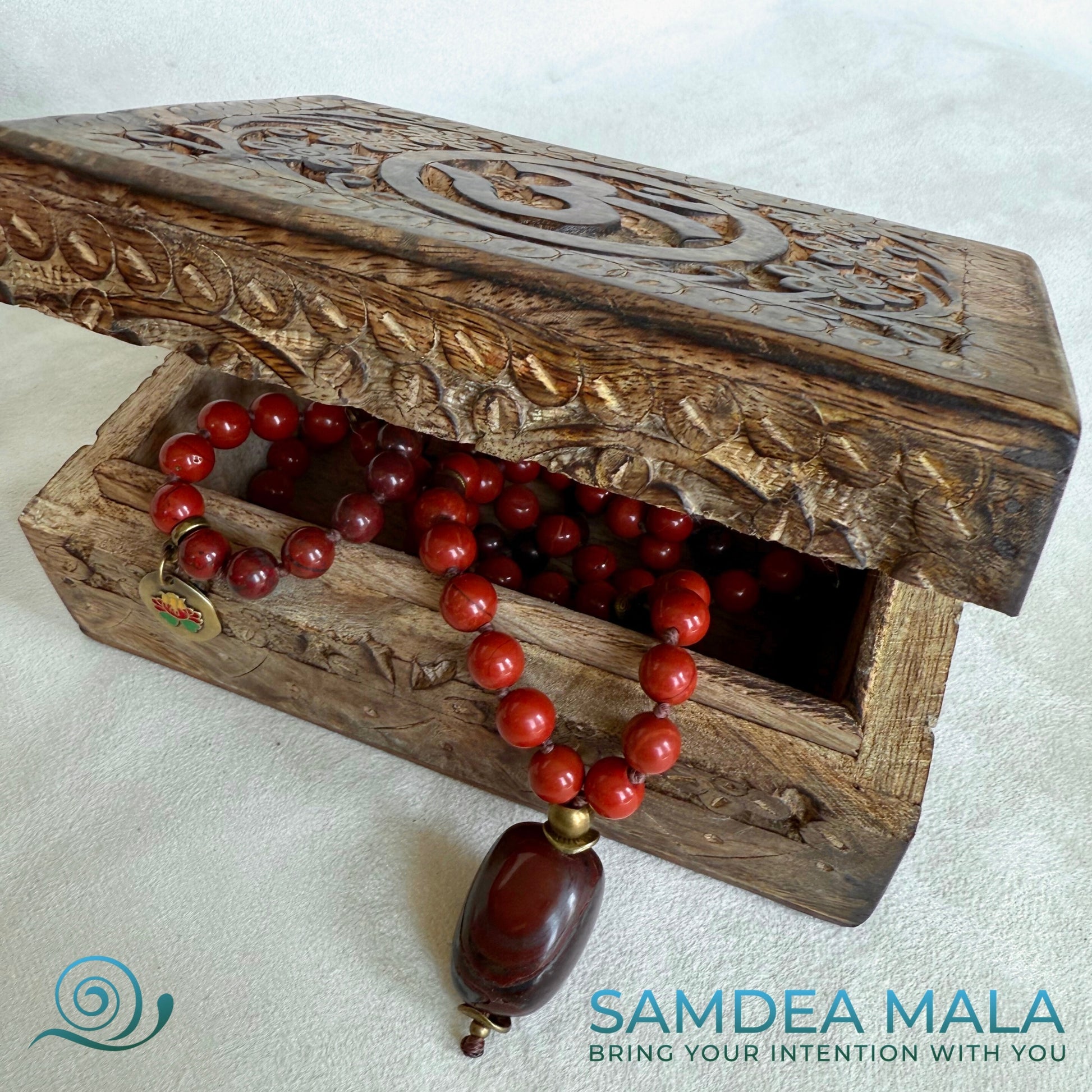 Open Carved Wooden Mala Box – Jewelry and Keepsake Storage for Sacred Objects - OM design