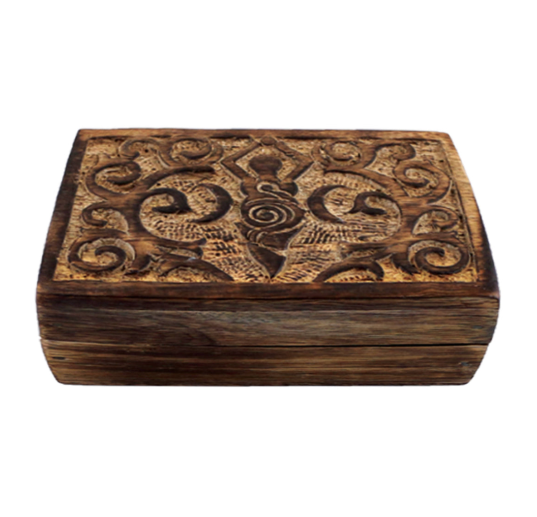 Carved Wooden Sacred Jewelry Box – Carved wooden mala box for storing sacred items, earth goodness design