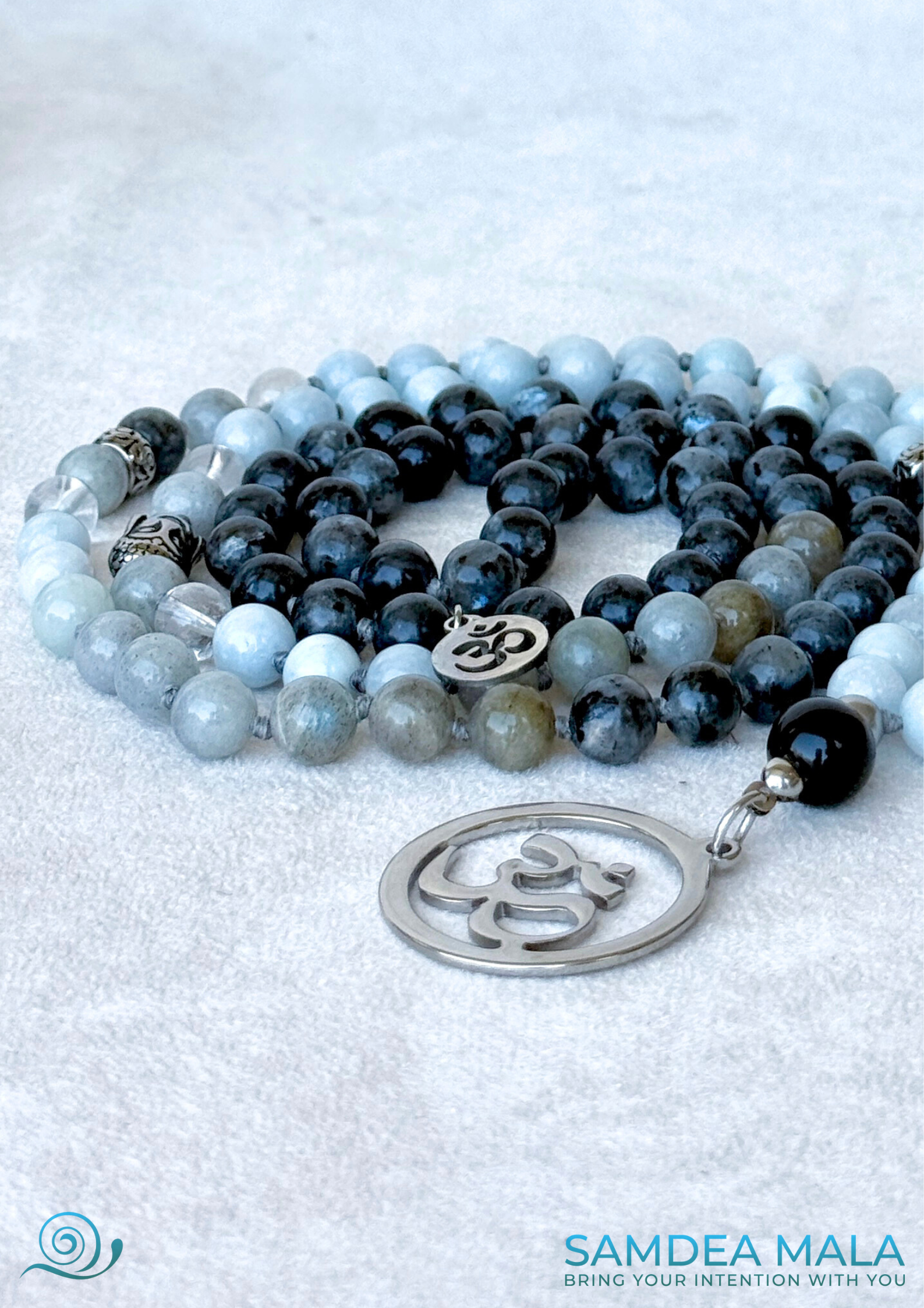 Close-up of Mala for Creativity and Vision – Aquamarine and Labradorite | Hand Knotted 108 Beads for Meditation & Inner Transformation - om pendant - Samdea mala for Aquarius zodiac sign