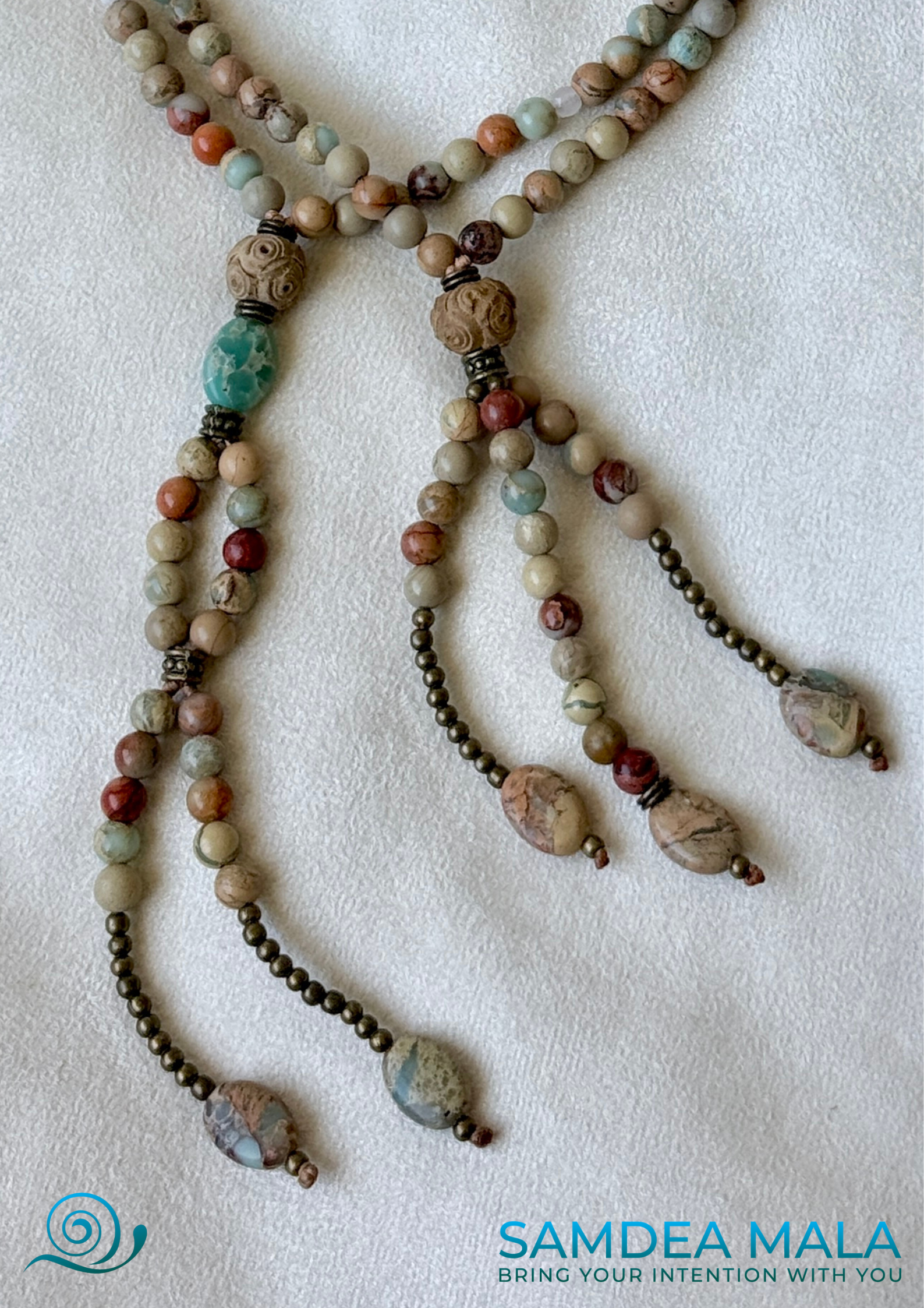 Close-up pf tassels of handmade Buddhist prayer beads. Japanese-style Juzu with tassels and natural stones.