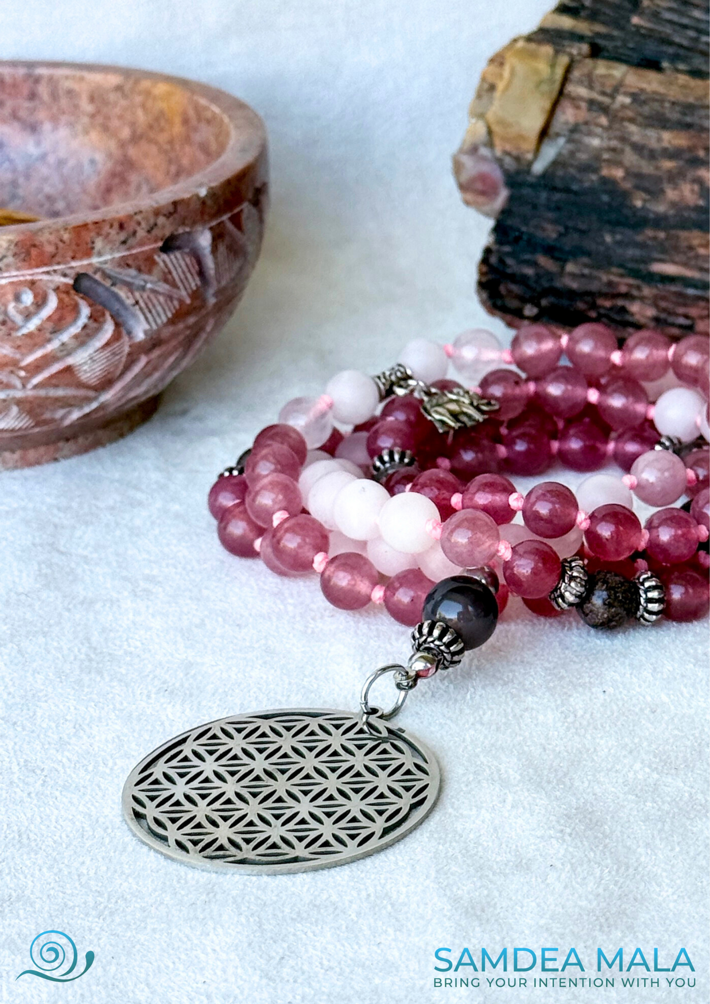 Close up of Samdea Mala necklace with rose quartz and strawberry quartz – 108 beads for healing and self-love