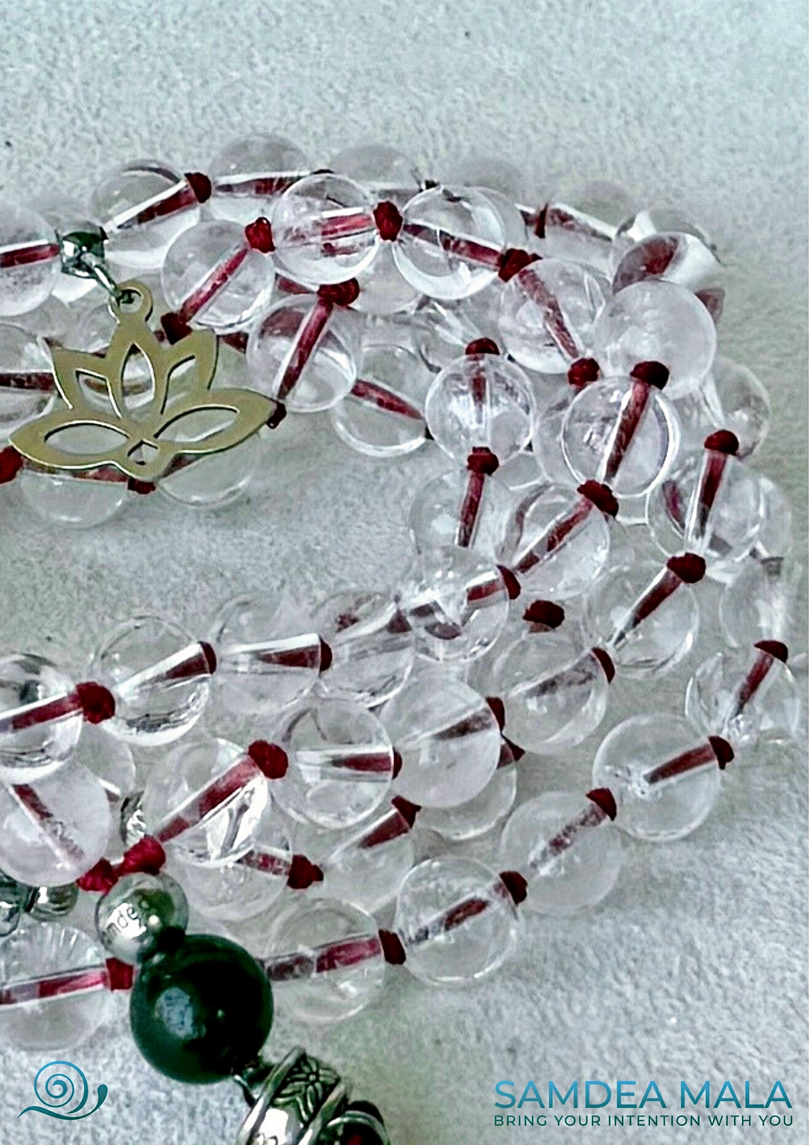 Clear quartz mala with Buddha and small lotus pendant,  deep red  thread and red tassel. Spiritual Sphatik Mala Beads