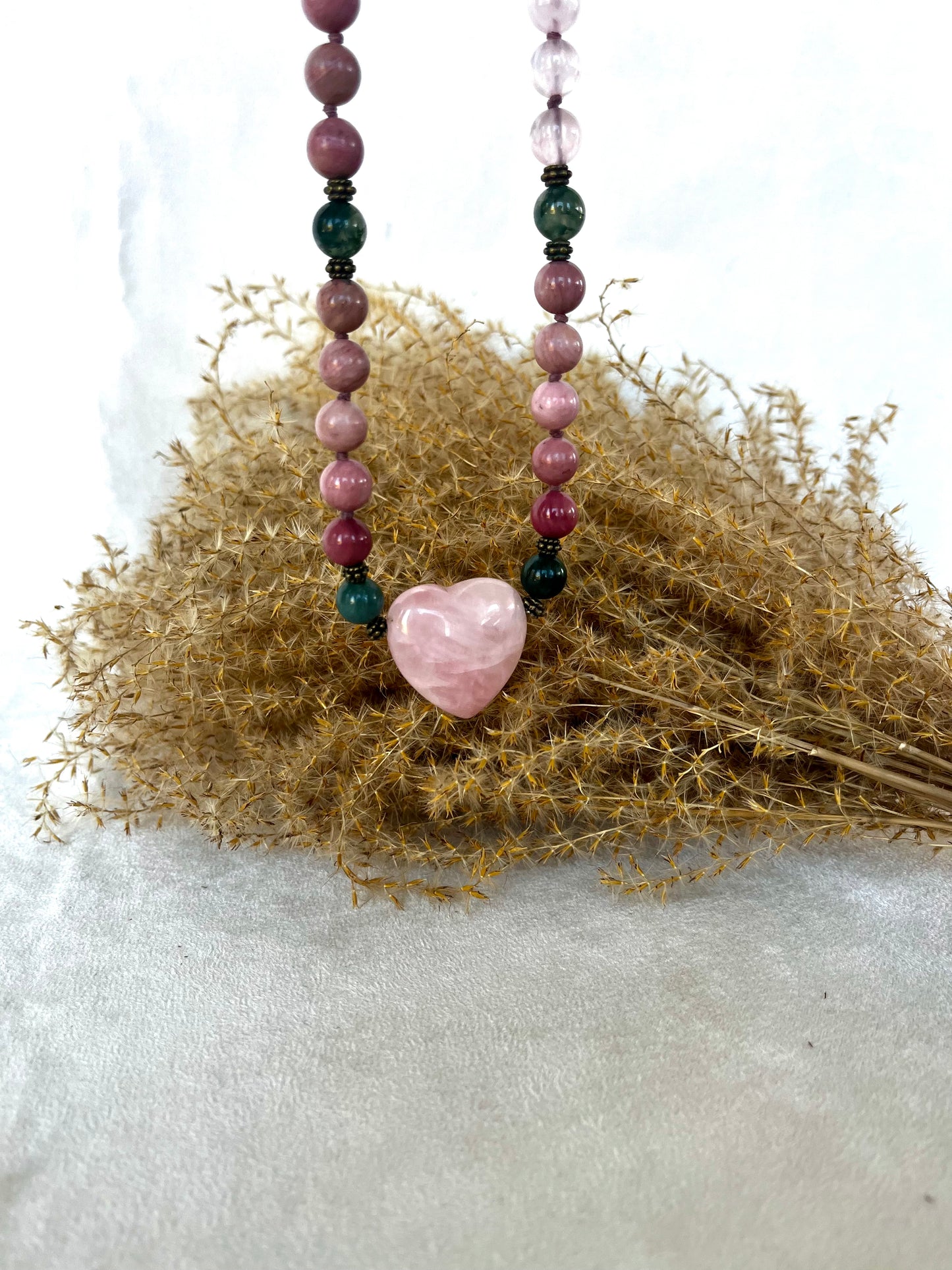 Close-up Ho’oponopono mala rose quartz heart pendant, Ho’oponopono Mala Beads - mala necklace for meditation, energy crystals for self-love, spiritual mala, natural gemstones mala necklace