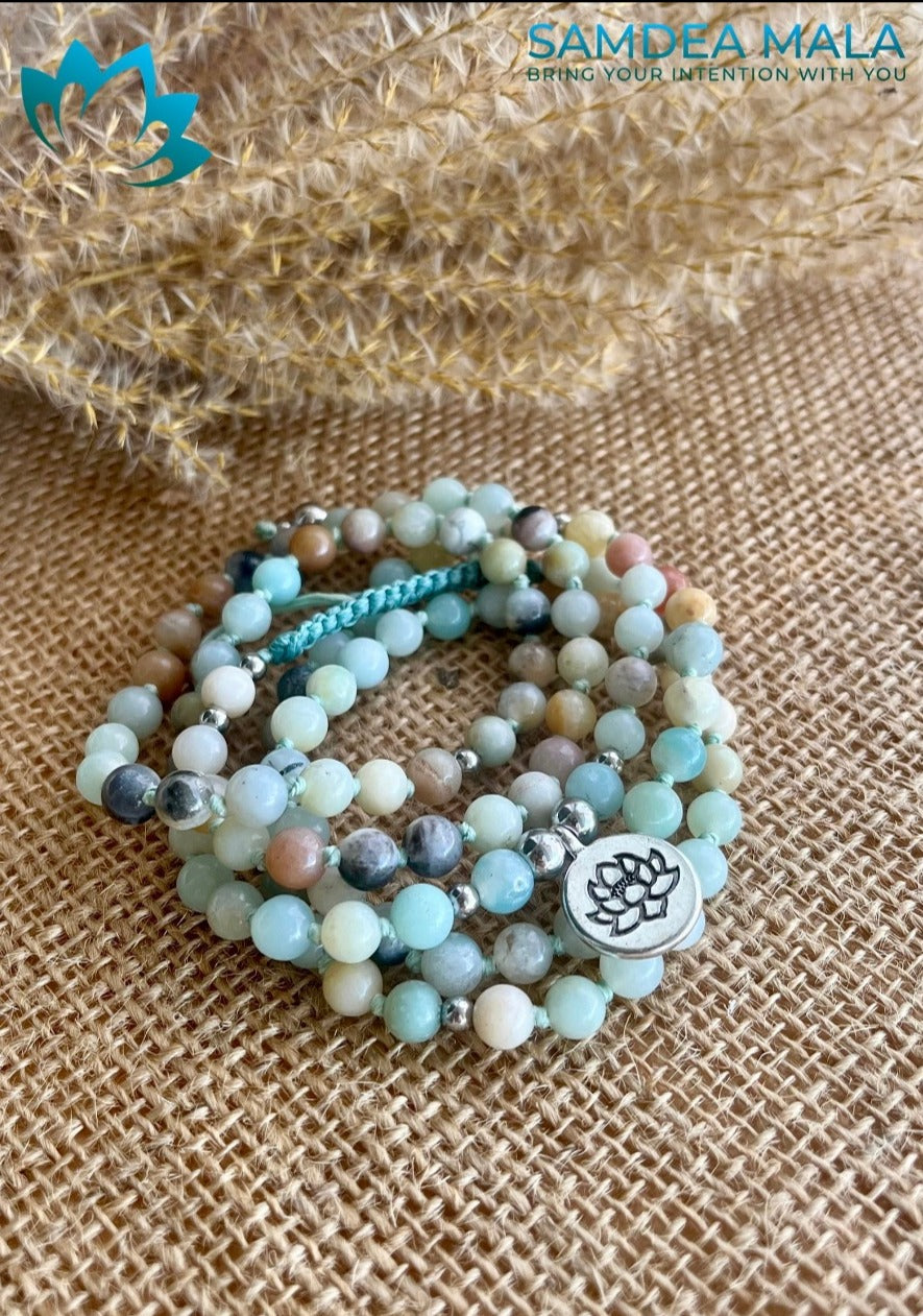 Mala wrap bracelet in Amazonite with natural gemstones – a custom spiritual bracelet for meditation, intentions, and emotional healing. Handmade Tibetan-style wrist mala by Samdea Mala.
