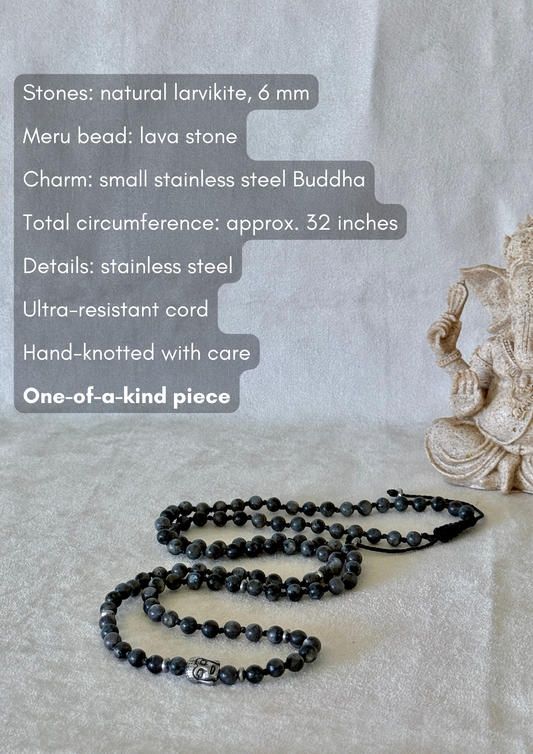 Description of Natural grey larvikite mala necklace with 6 mm beads, lava stone meru, stainless steel Buddha charm and grounding spiritual jewelry by Samdea Mala Mala for man.