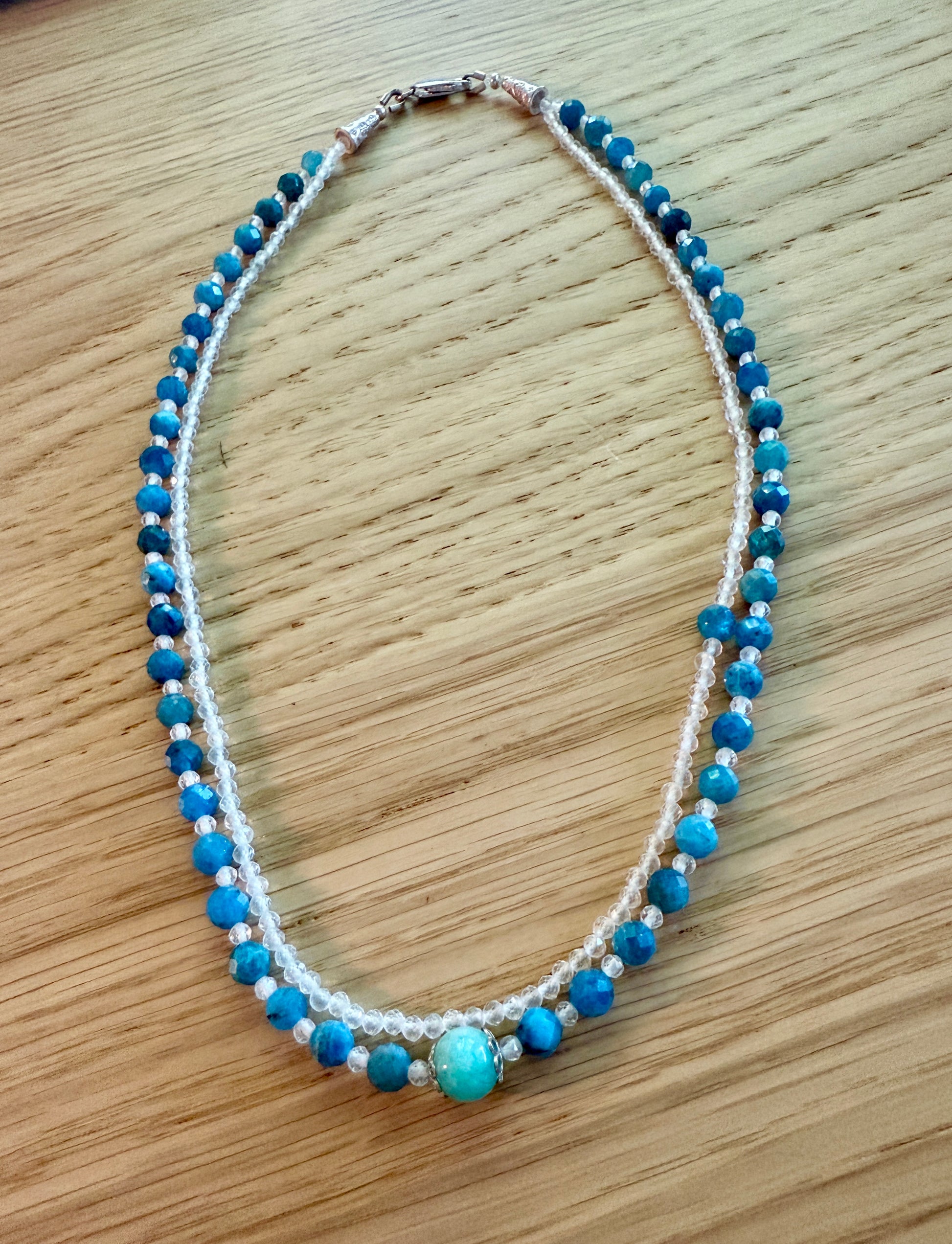 Double strand gemstone choker in apatite, amazonite and quartz with sterling silver detail