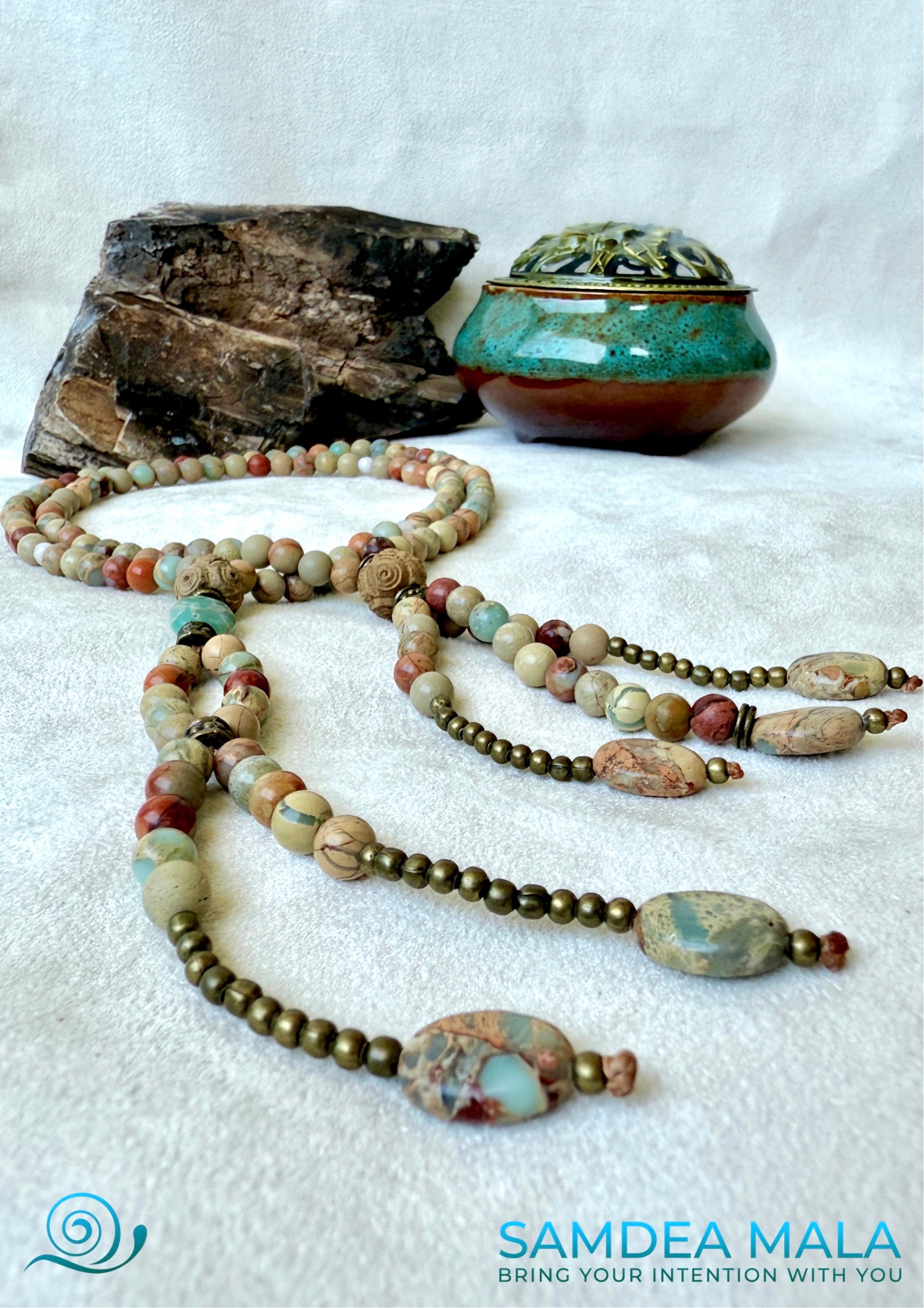 Aqua Terra Jasper Juzu for Nichiren chanting Nam Myoho Renge Kyo. Handmade Buddhist prayer beads. Japanese-style Juzu with tassels and natural stones. Nichiren Buddhist necklace for chanting and spiritual focus. Samdea mala