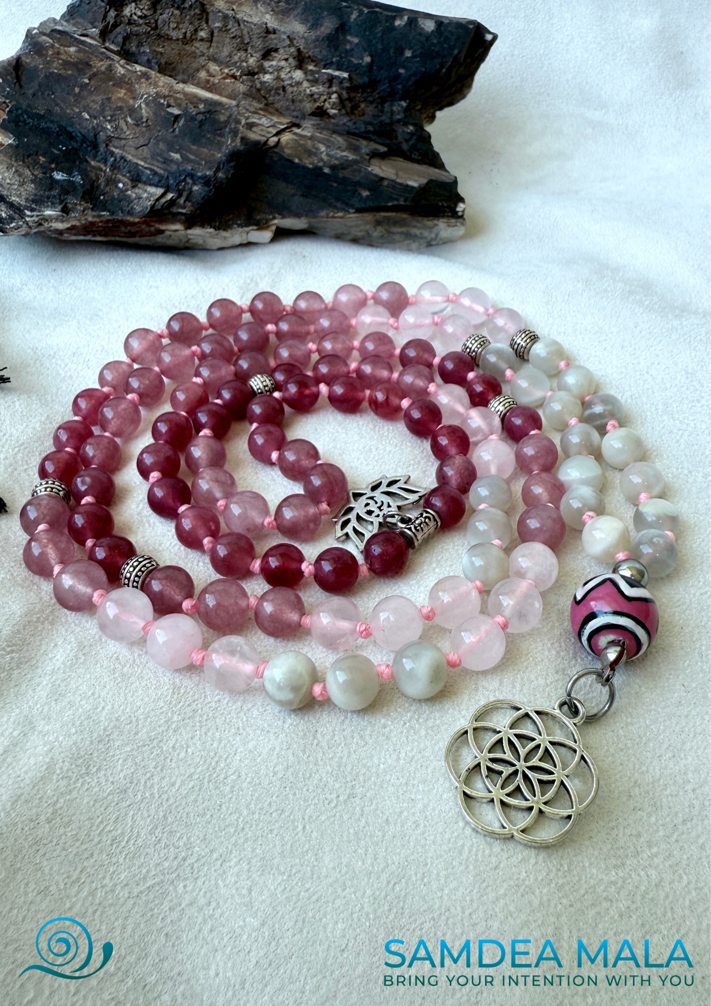 Samdea Mala made of moonstone, rose quartz, and strawberry quartz with ceramic meru bead, Seed of Life pendant. Feminine energy mala beads.  Meditation mala for self-love, heart chakra and feminine connection.