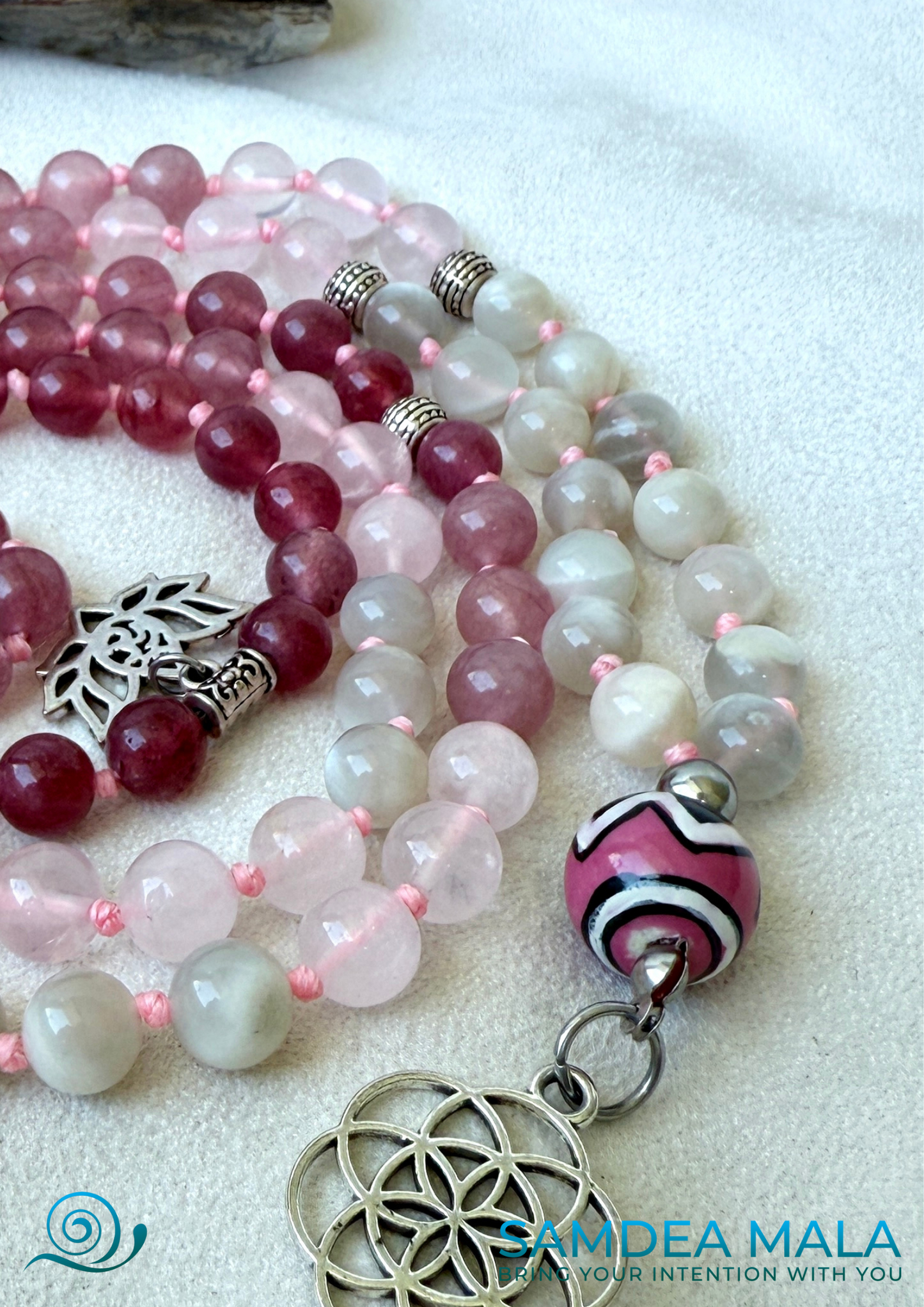 Close up Feminine energy mala beads.
