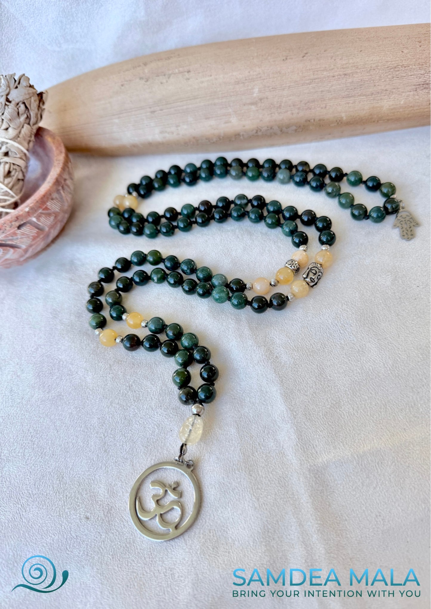 Full view of Samdea Mala handmade with Buddha, moss agate, yellow jade and citrine – meditation beads, hamsa protection, OM pendant