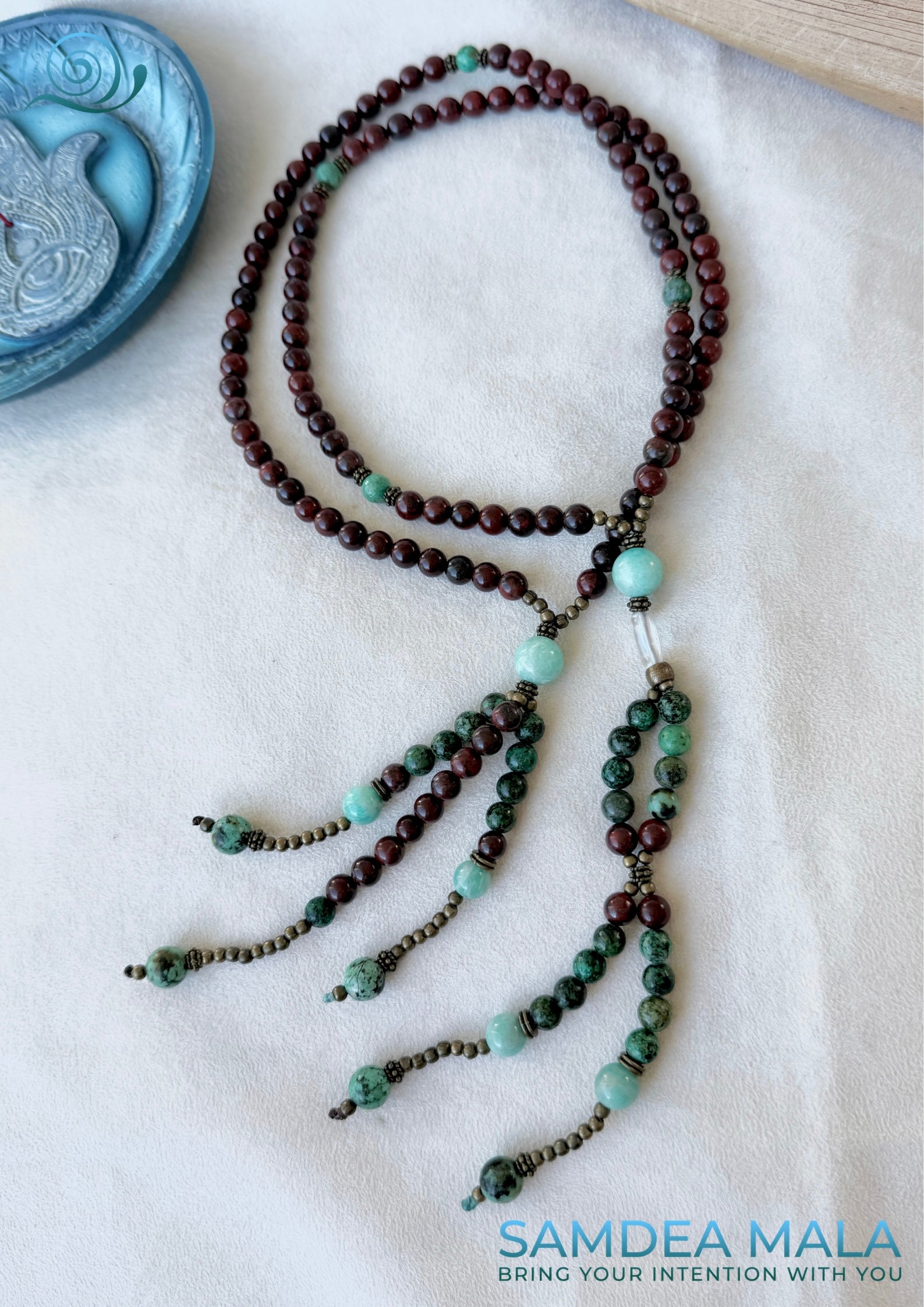Full view of Soka Gakkai Japanese Buddhist juzu, handmade prayer beads for Daimoku chanting and meditation. Nam Myoho Renge Kyo - with red jasper, turquoise jasper, amazonite, and clear quartz. Samdea Mala