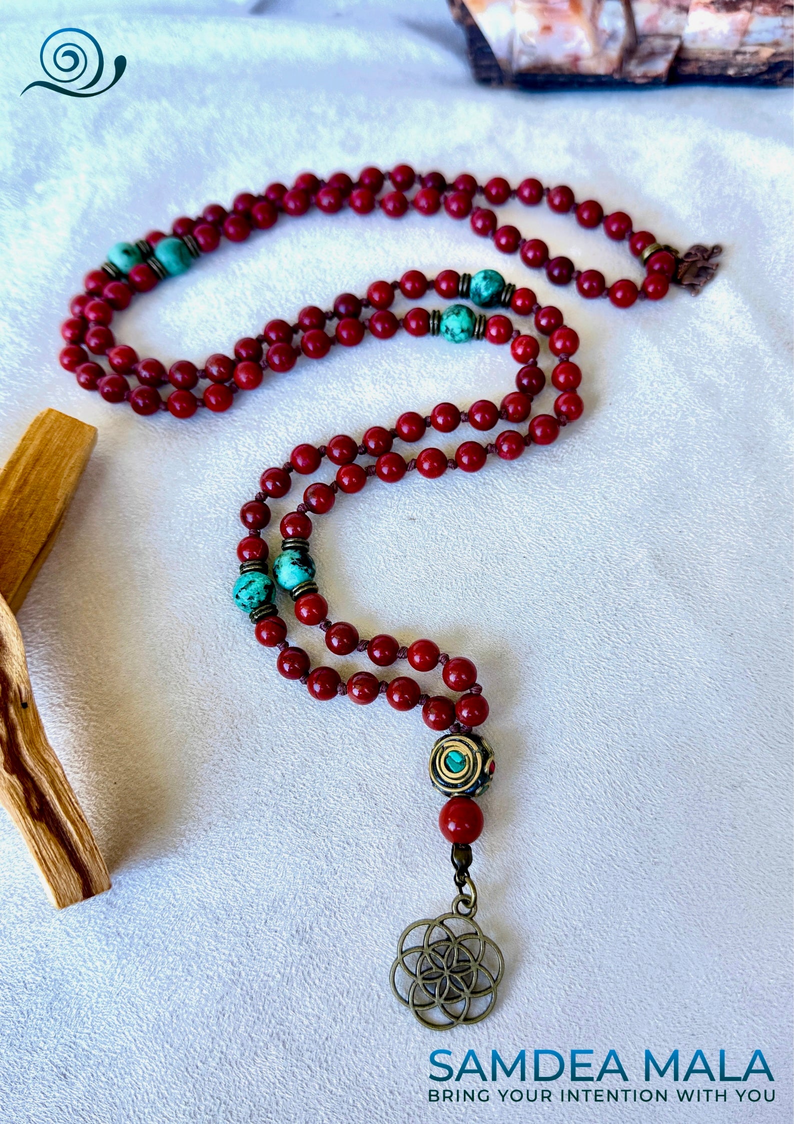 Full view of Mini mala necklace with Red Jasper and African Turquoise, hand-knotted with 108 beads for meditation and personal growth. Earthy red and green tones, spiritual jewelry for grounding, strength, and transformation.