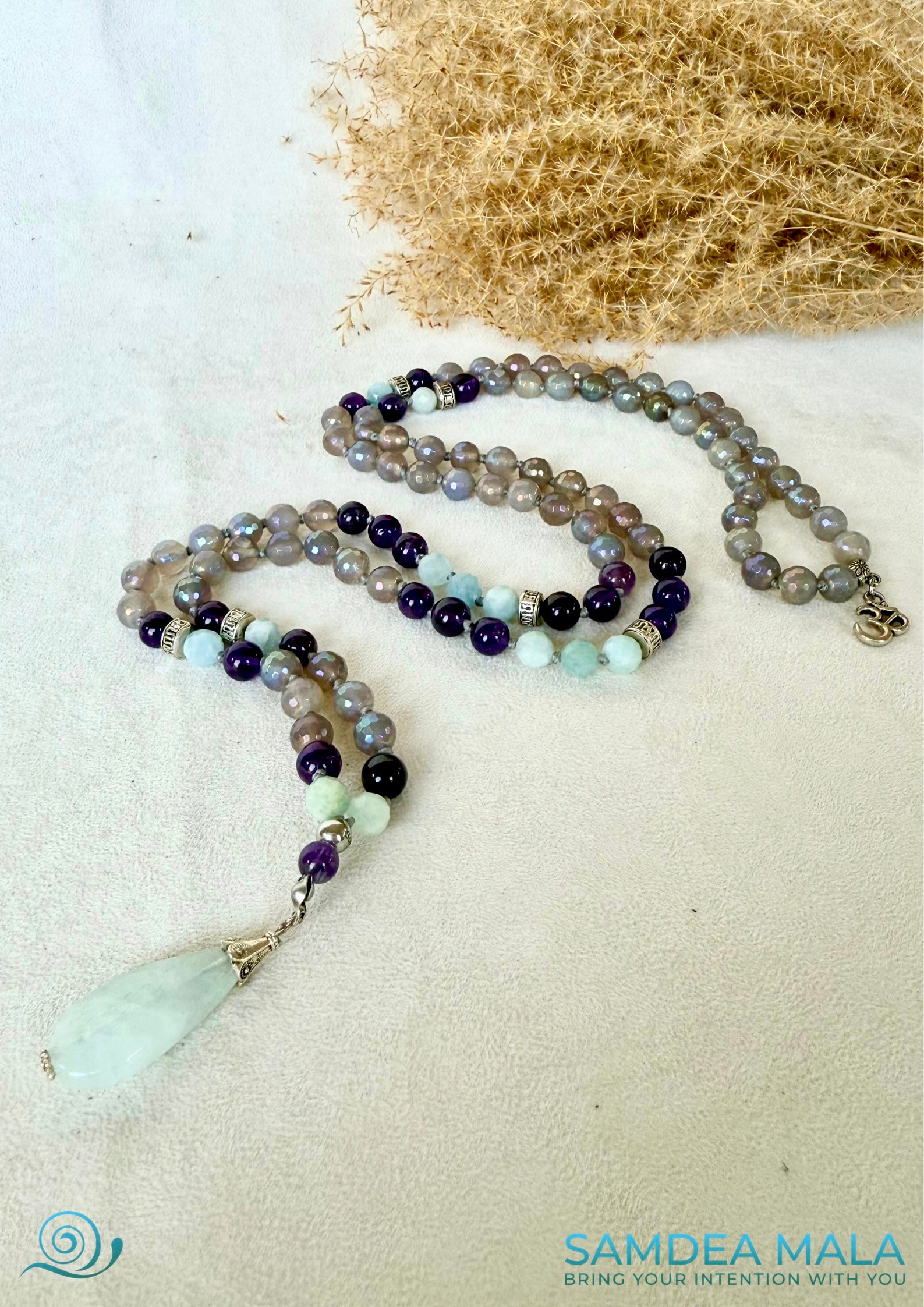 Spiritual mala beads necklace for meditation and inner peace, custom mala beads for meditation and mindfulness, tibetan prayer beads in agate, amethyst and aquamarine with small OM charm.