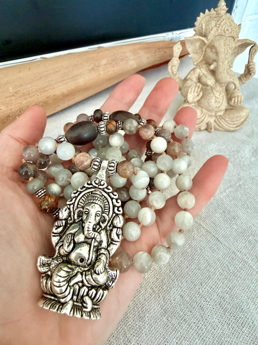 Ganesha mala necklace with black moonstone gray moonstone and landscape jasper 108 prayer beads