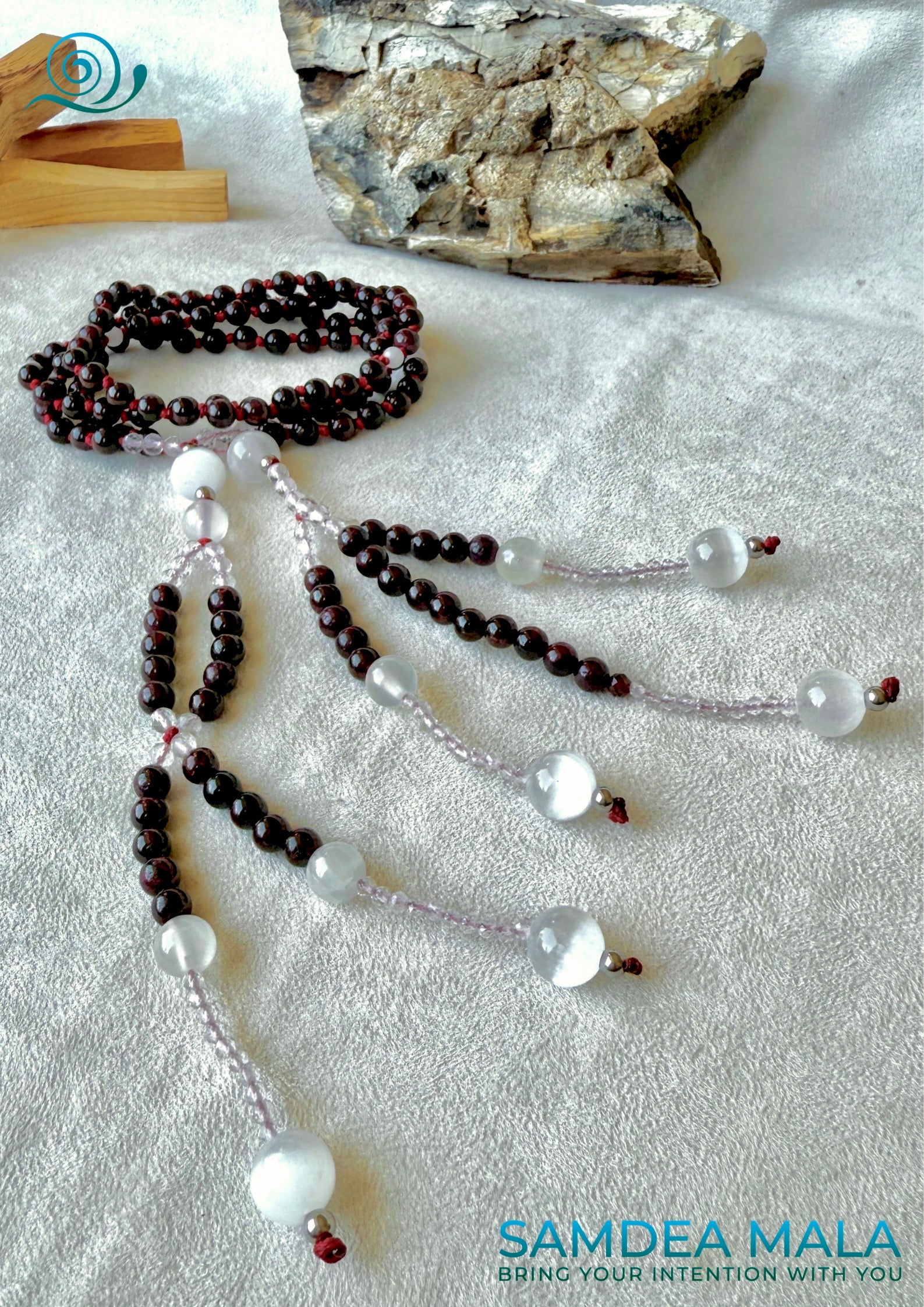 Handmade Nichiren Juzu in garnet with clear quartz and selenite – for chanting and spiritual clarity