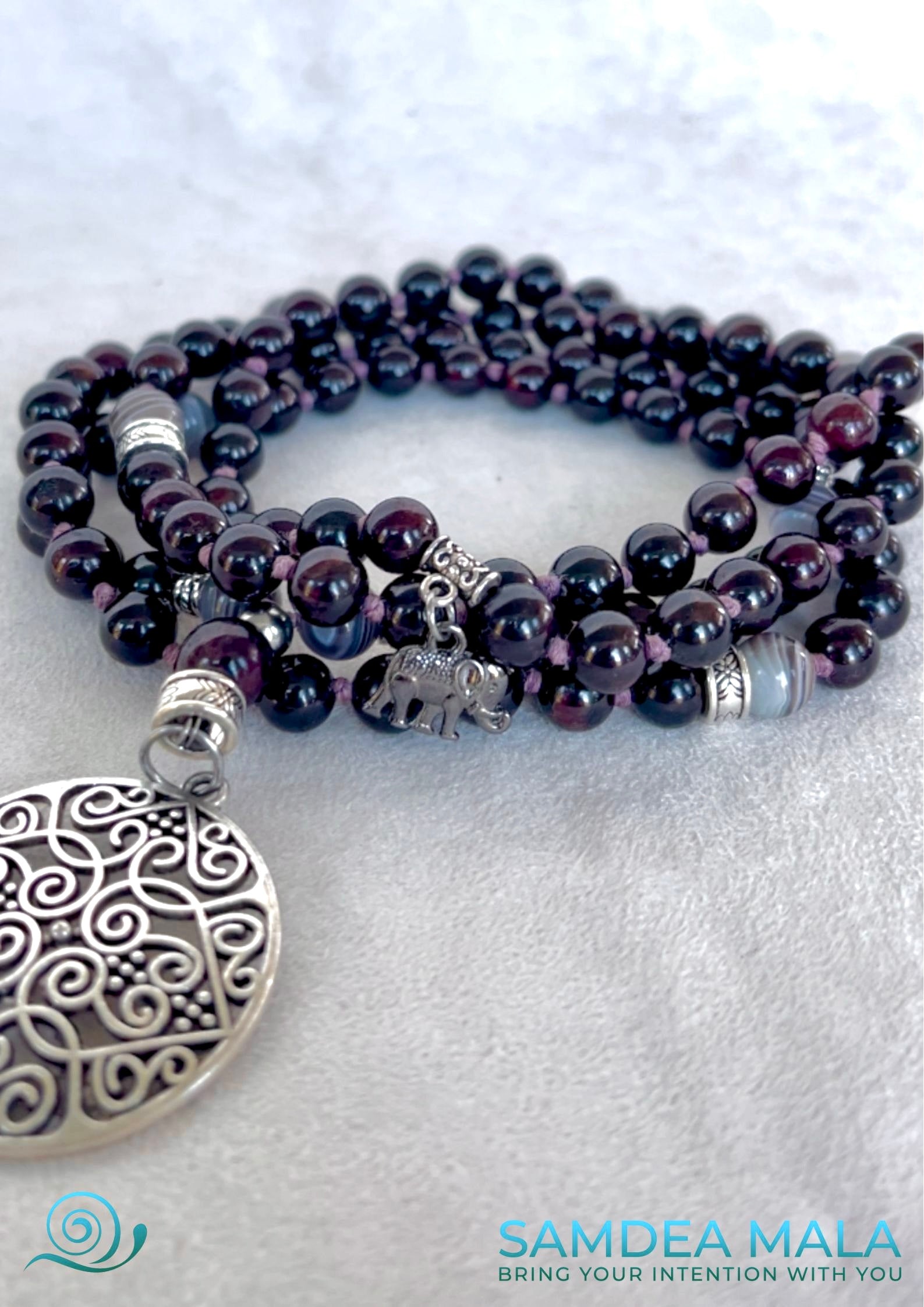 Mala in Garnet and Botswana Agate - custom mala, spiritual mala, natural gemstones bracelets - Samdea Mala