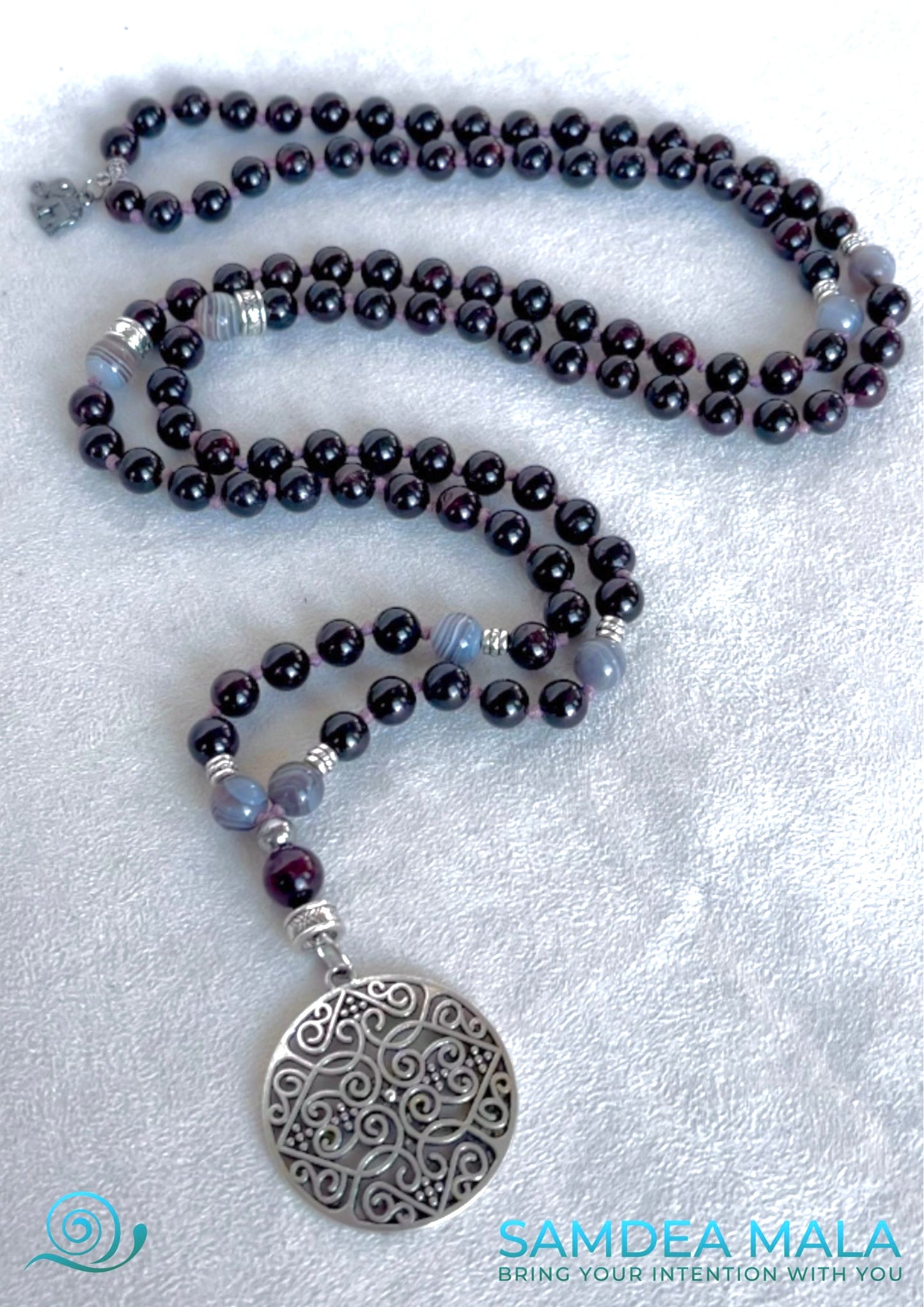 Samdea Mala garnet and Botswana agate meditation beads with pendant