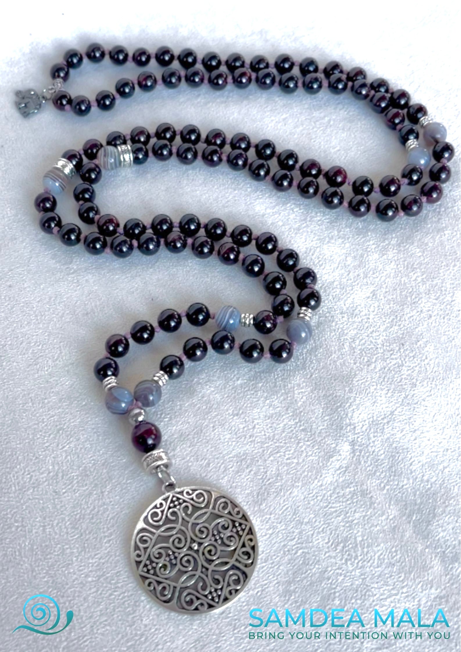 Samdea Mala garnet and Botswana agate meditation beads with pendant