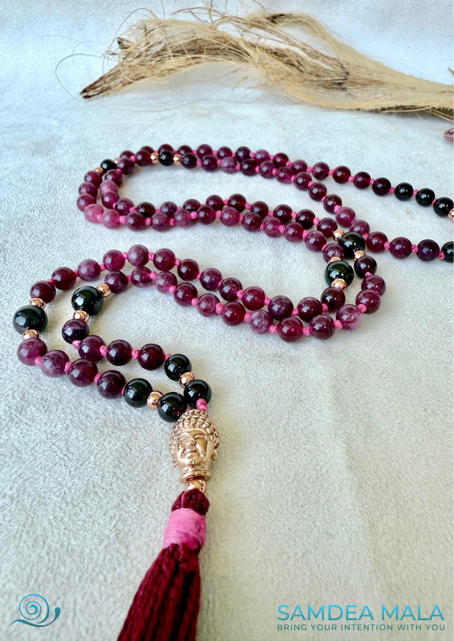 Mini garnet mala necklace 108 beads for meditation, with Buddha charm- Samdea mala